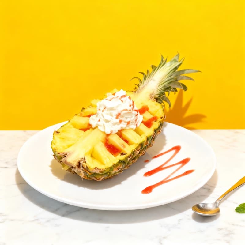 After: Pineapple boat dessert with whipped cream