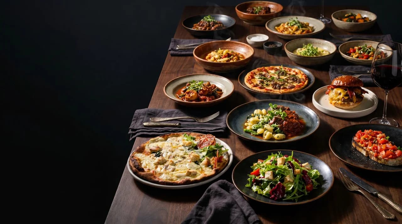 A spread of many dishes combined into one dark table scene