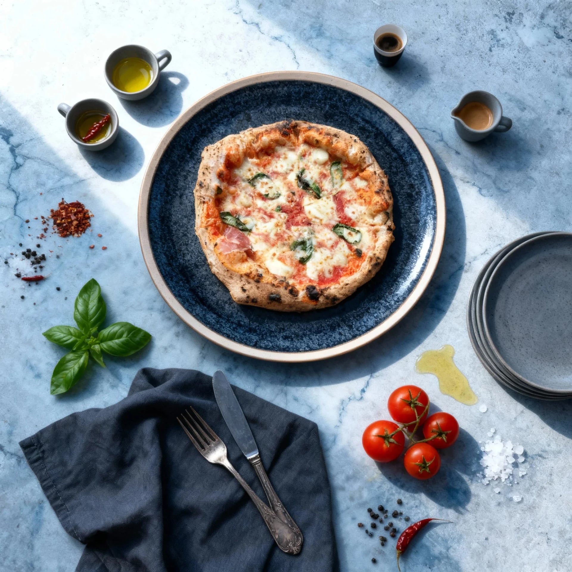 Bright & Elaborate Flat-Lay food photography style by MenuPhotoAI - Overhead view with abundant props and sophisticated editorial styling