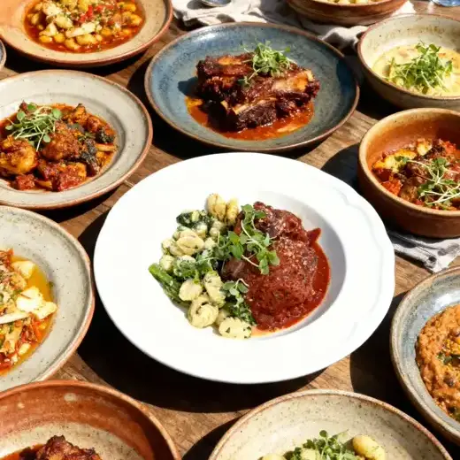 AI food photography by MenuPhotoAI: restaurant feast with braised meats, gnocchi, and stews on rustic ceramic plates