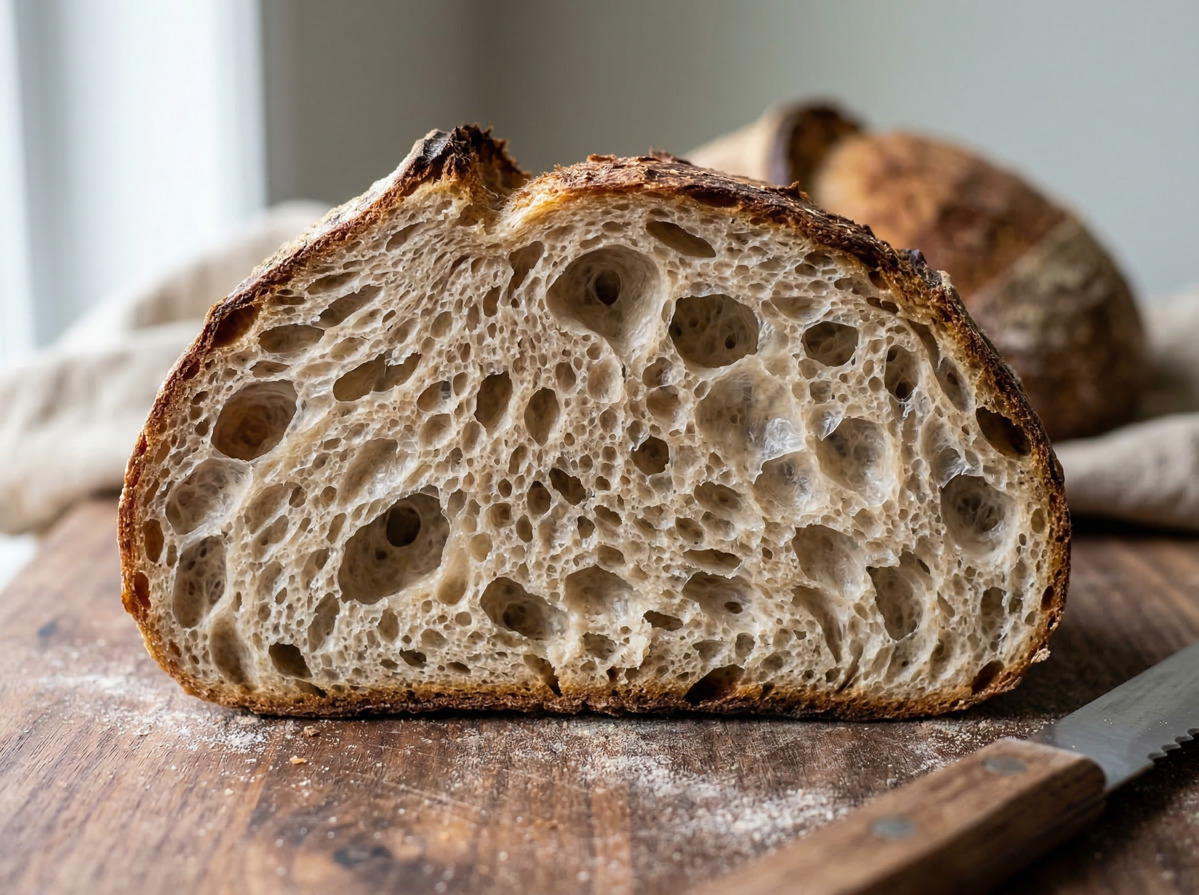 Sourdough loaf crumb cross-section face-on at 0 degrees with camera at loaf equator height, open irregular air pockets filling the entire frame, raking 90-degree side window light casting micro-shadows inside each cell