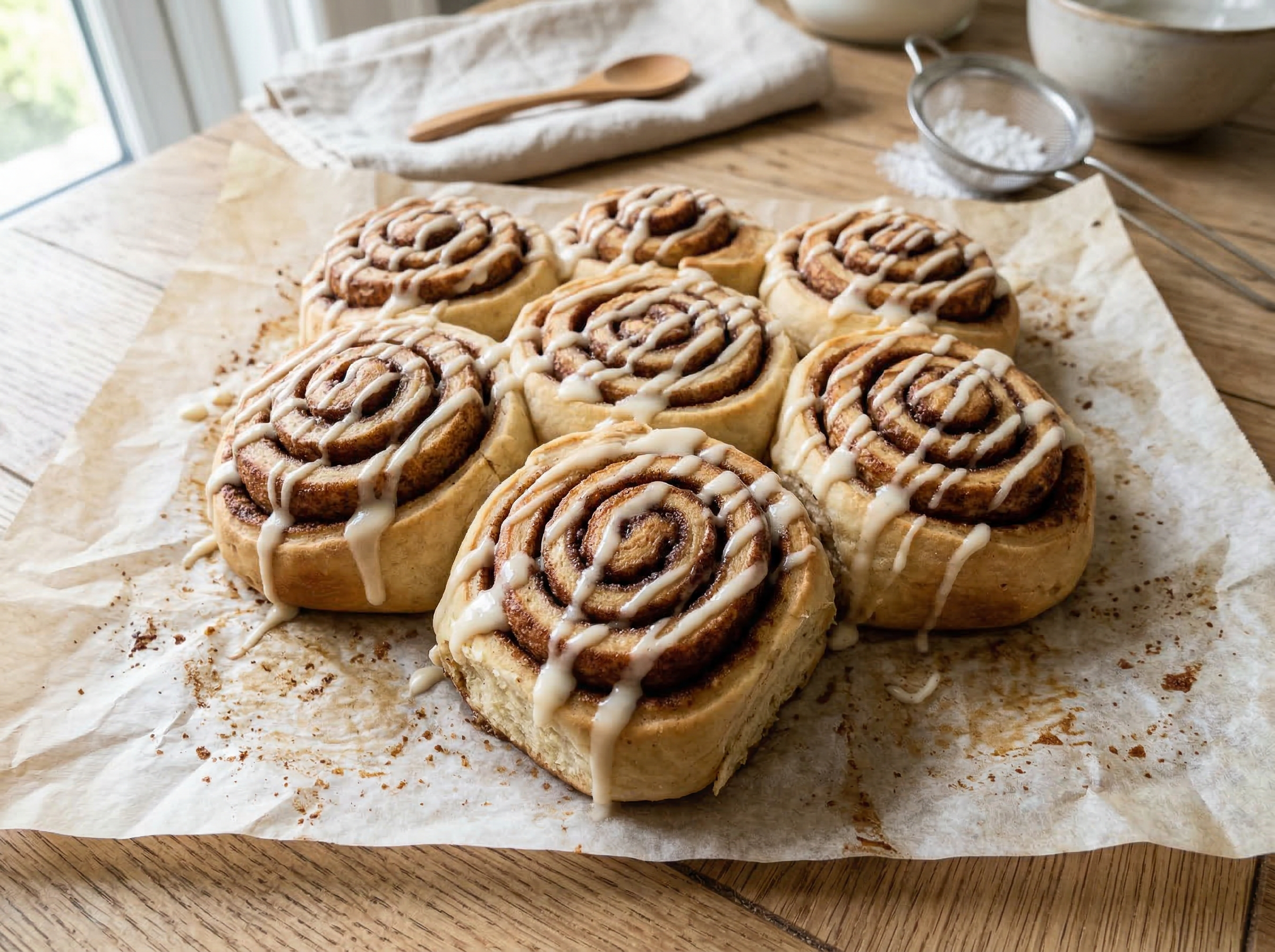 Cinnamon rolls in 2x3 grid on crinkled parchment paper shot from directly overhead showing spiral structure from center, cream cheese frosting drizzled with squeeze bottle, one roll pulled forward as hero