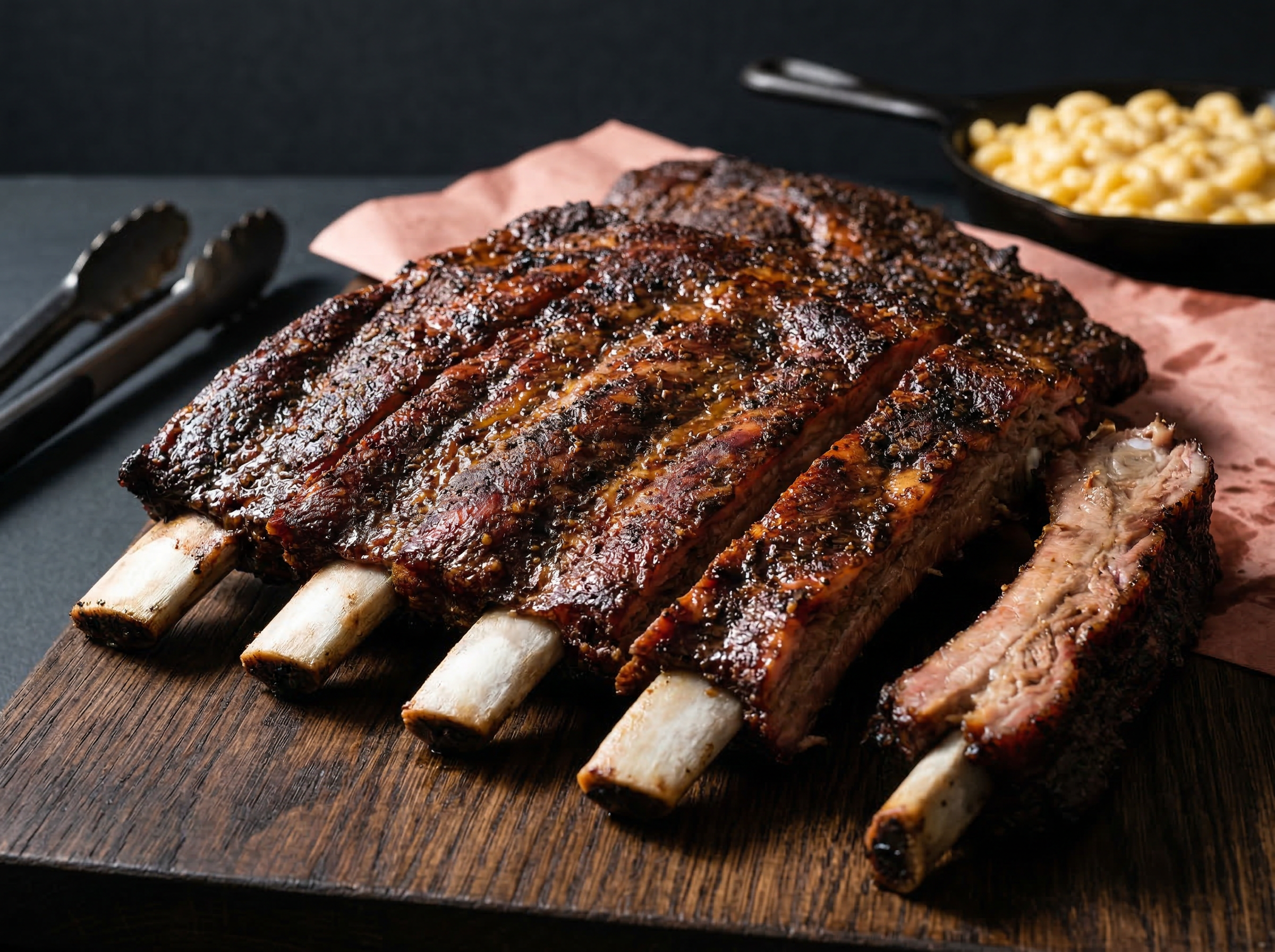 St. Louis rib rack at 35 degrees with diagonal bones as leading lines — bark texture on top face, two bones pulled away to suggest abundance