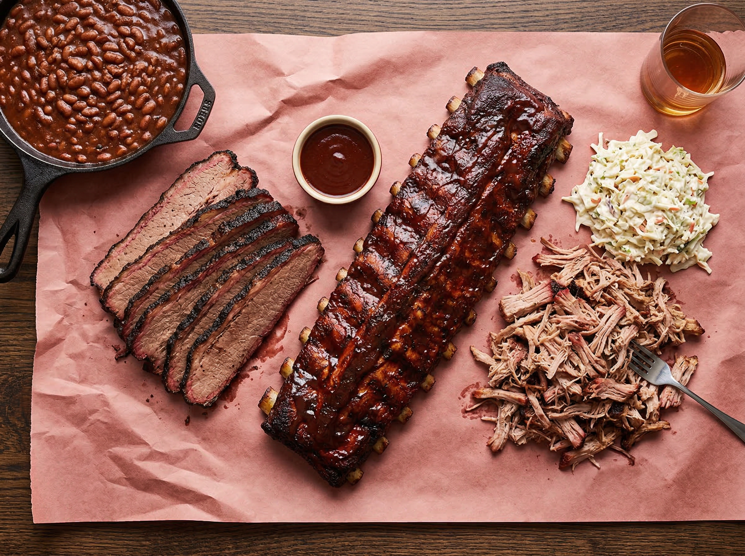 Full BBQ platter overhead on wrinkled pink butcher paper — brisket fan, rib rack diagonal, loose pulled pork mound, coleslaw and cast iron beans, nothing symmetrical