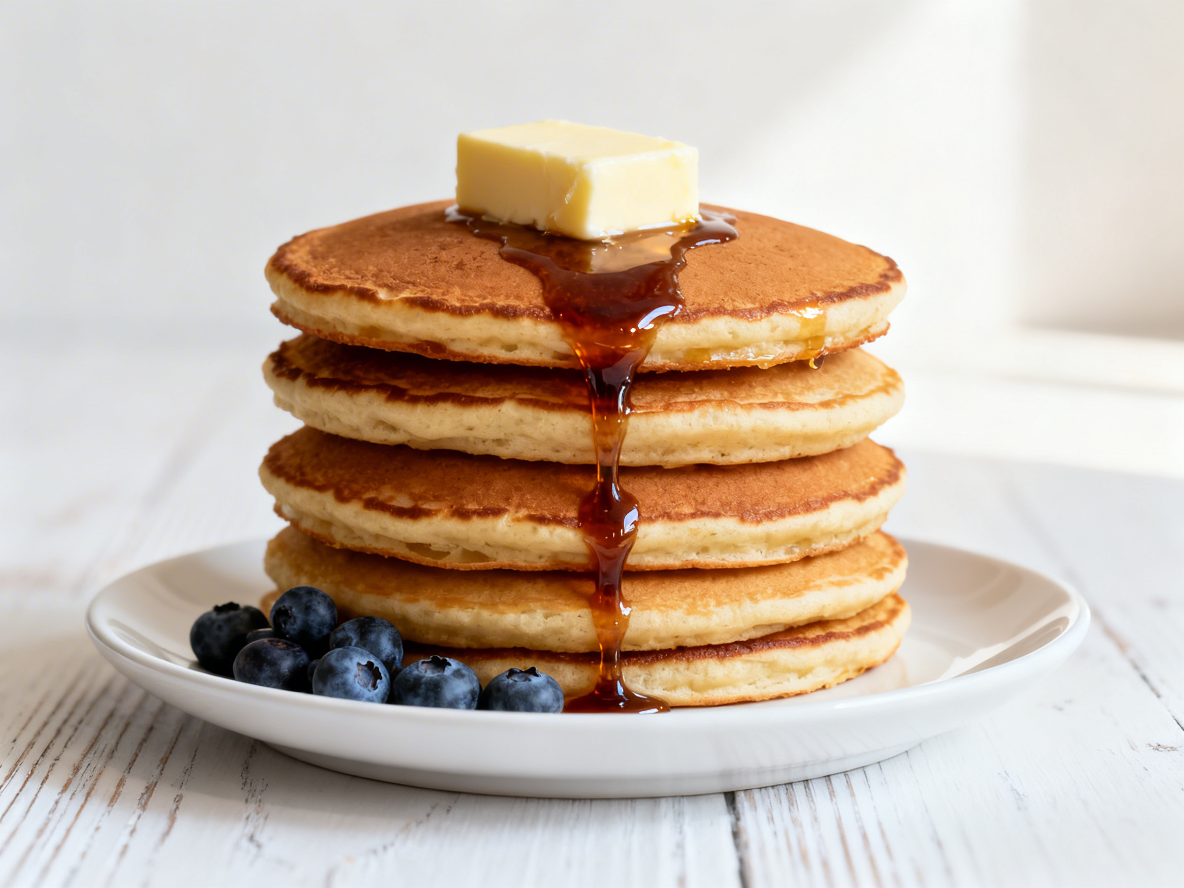 Pancake stack at true eye level — full height of four golden-brown layers, thick butter pat softening on top, dark amber maple syrup running down the front face, fresh blueberries at the base