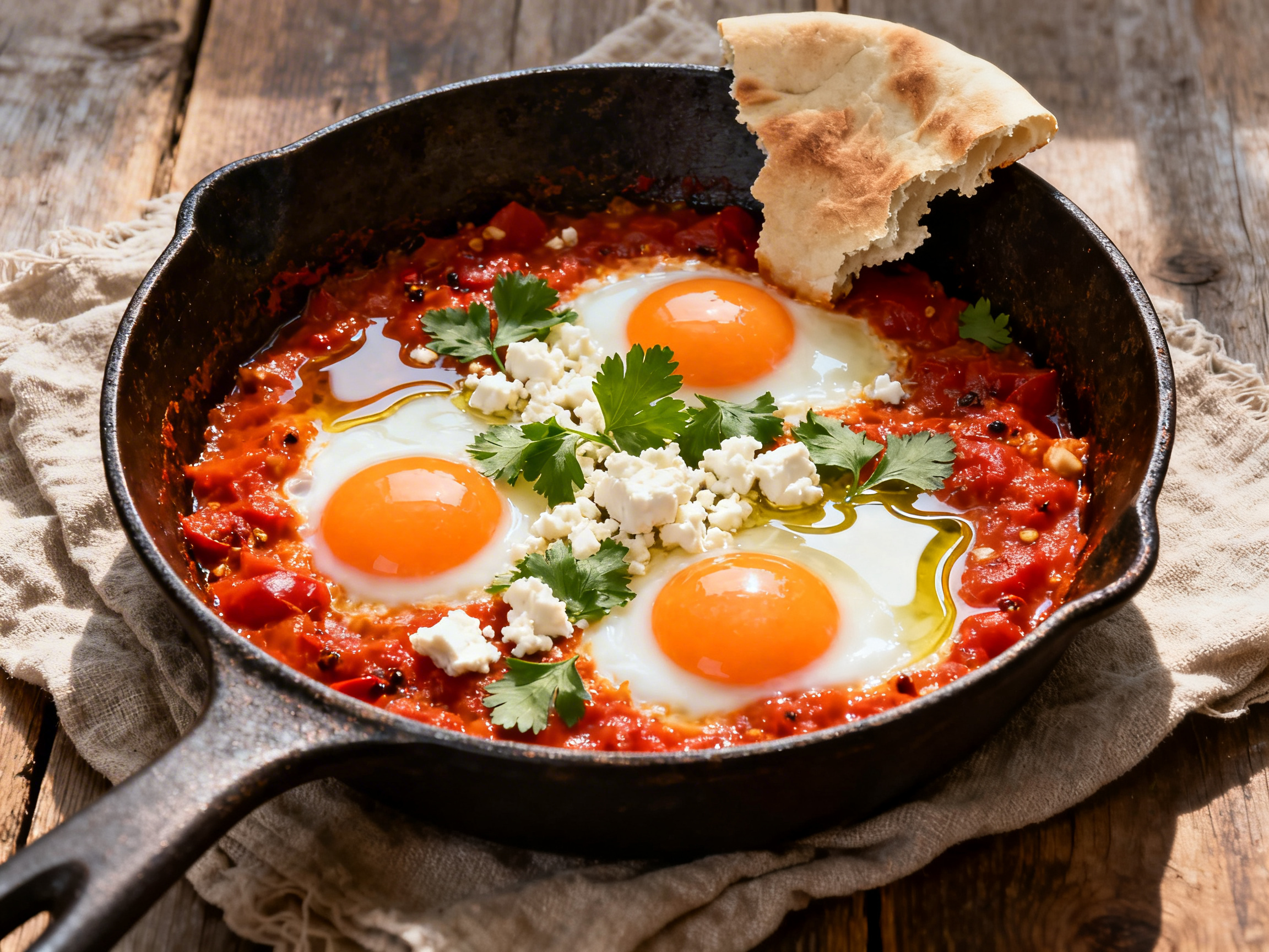 Shakshuka in a 10-inch cast-iron skillet overhead — three eggs at even intervals in vivid red-orange tomato sauce, white feta crumbled across the surface, parsley leaves, torn pita leaning on the pan edge