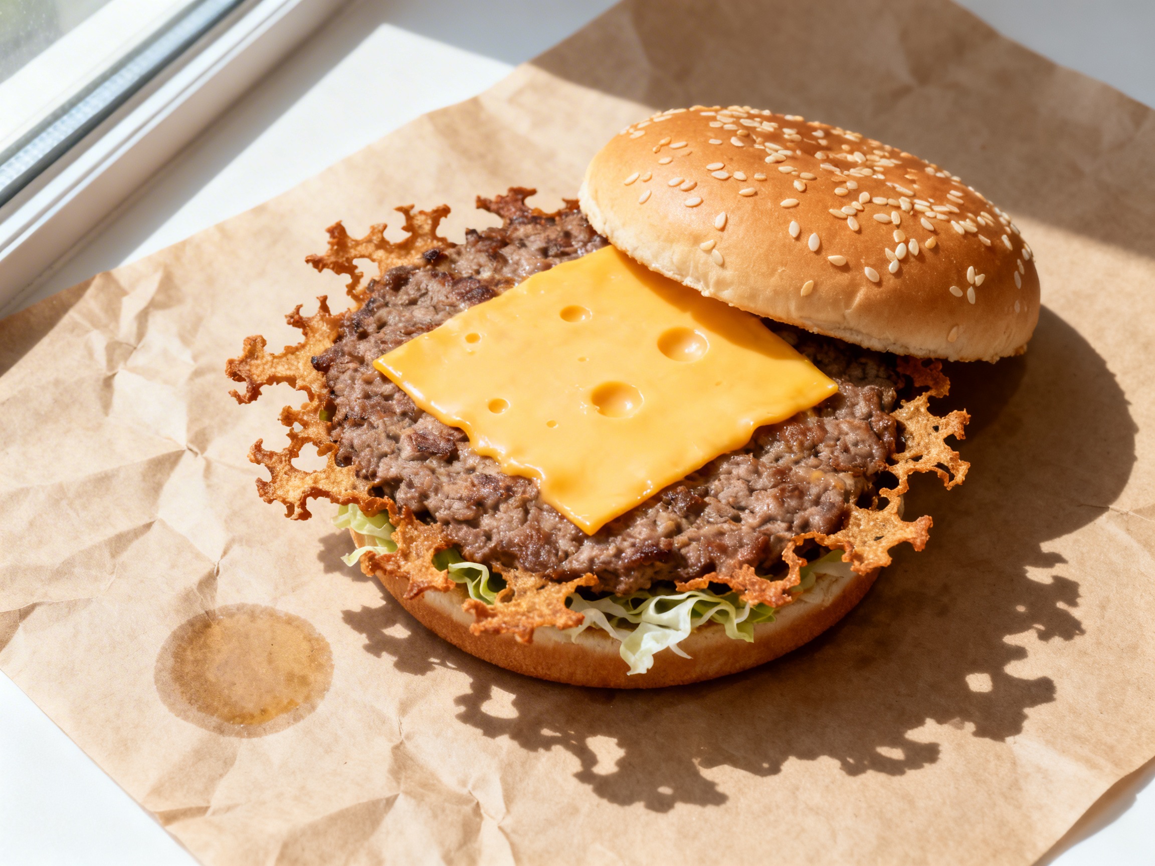 Smash burger shot directly overhead on brown kraft paper showing wide lacy crisp-edged patty spreading well beyond the bun diameter — side window light skimming the flat surface to texture every crust edge