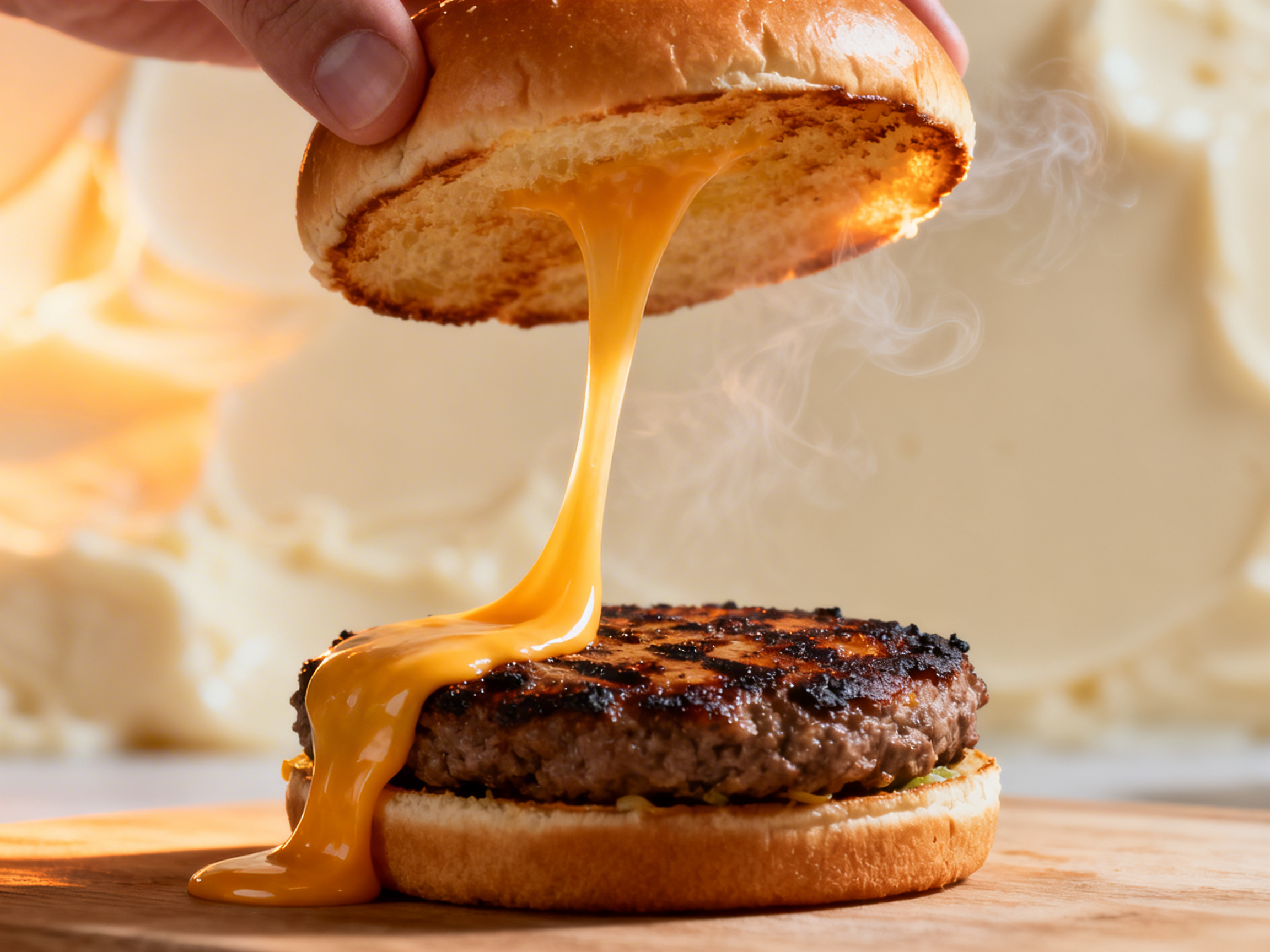 American cheeseburger cheese pull at peak 60–90 second window — brioche crown lifted showing a single long unbroken strand of melted American cheese stretching between crown and patty, warm side light making the strand translucent