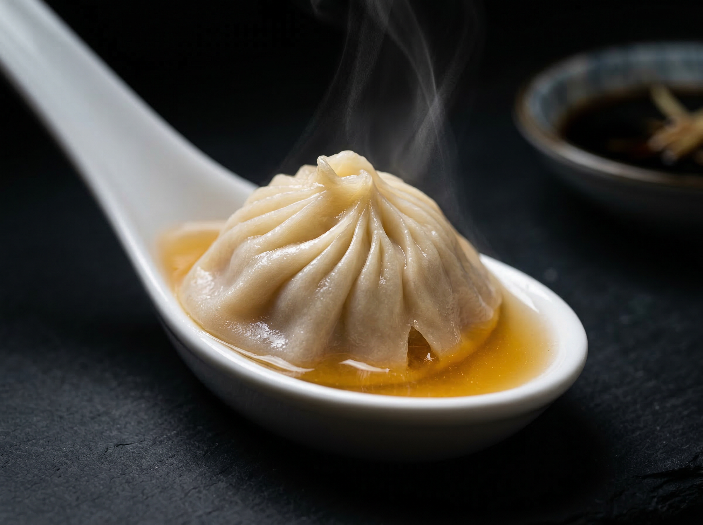 Xiaolongbao soup dumpling resting in a flat-bottomed Chinese porcelain spoon, a small pool of golden broth collected in the spoon bowl, hot steam rising from the liquid, shot at 45 degrees