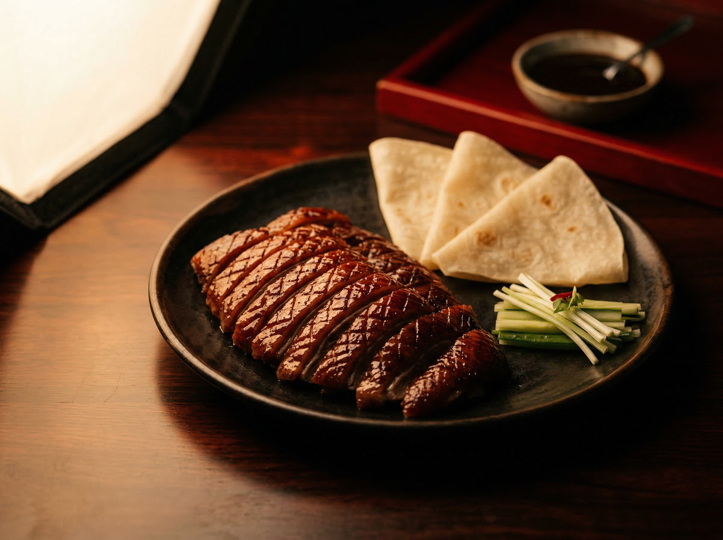Peking duck carved pieces at 35 degrees showing scored cross-hatch skin with warm mahogany lacquer gloss, a single highlight band traveling across the surface from warm side softbox light, thin pancakes and scallion strips alongside