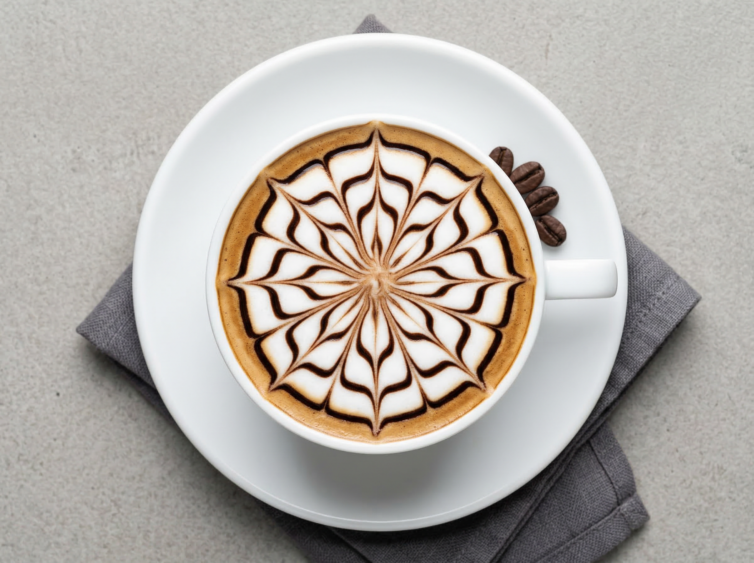 Flat white rosette latte art in white ceramic cup shot from directly overhead, even shadowless light revealing the full poured pattern with sharp espresso-to-foam contrast