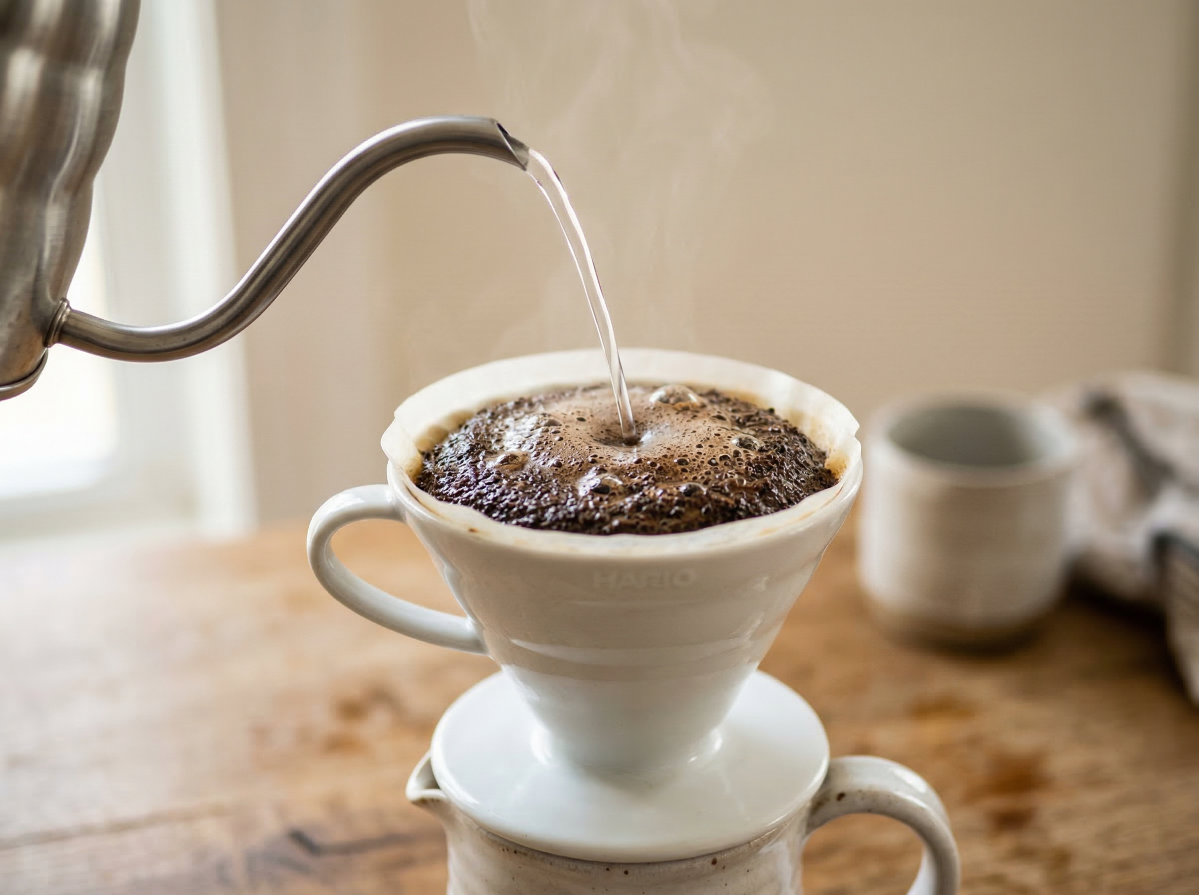 Pour-over bloom at 45 degrees — gooseneck kettle stream frozen as a sharp curving thread above turbulent bubbling coffee grounds during the first-water-pour bloom phase