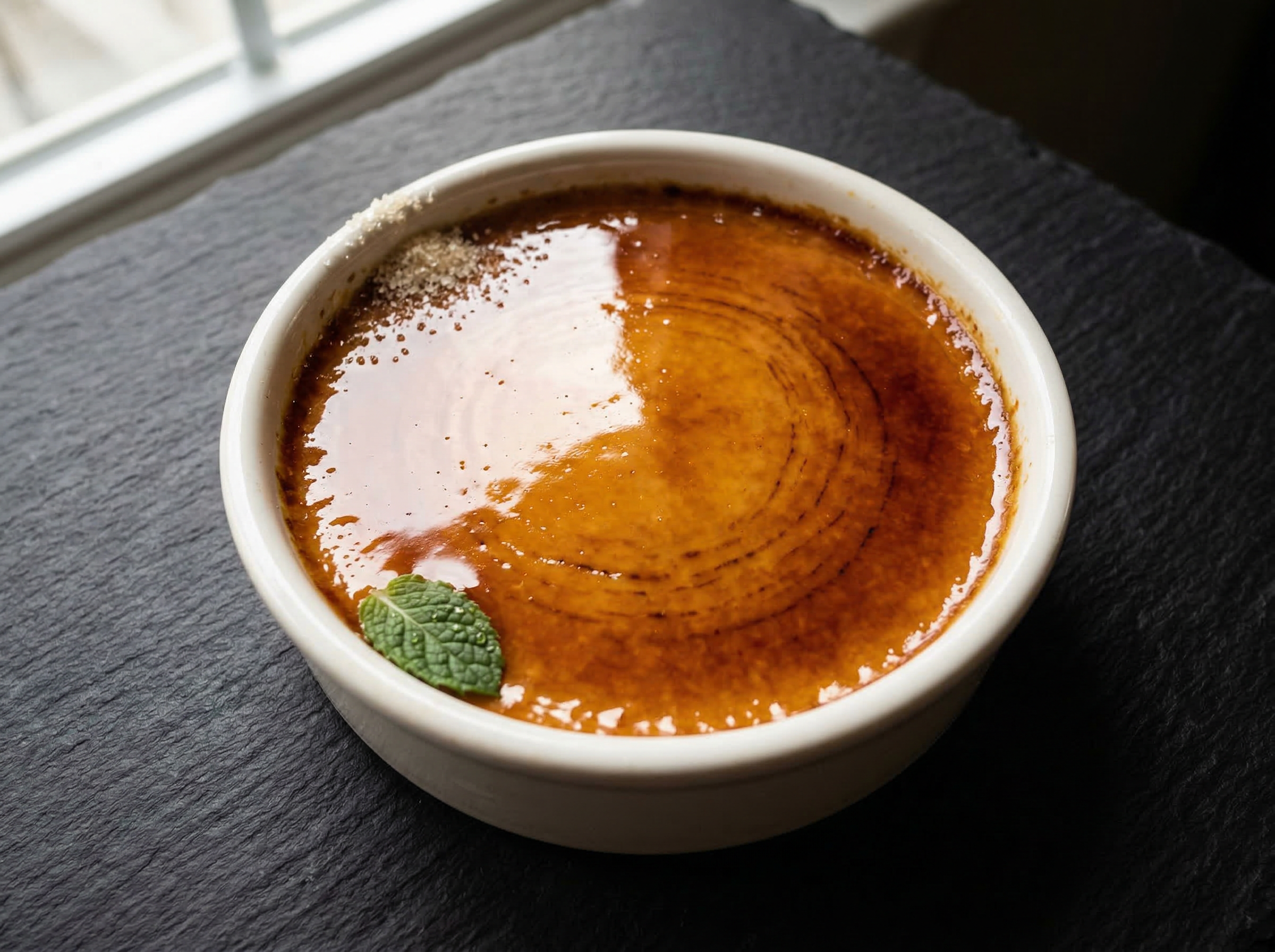 Crème brûlée shot from 80 degrees overhead showing the full amber caramel disc at peak gloss with a tiny sugar pinch at the white ramekin rim and a single mint leaf at 7 o'clock