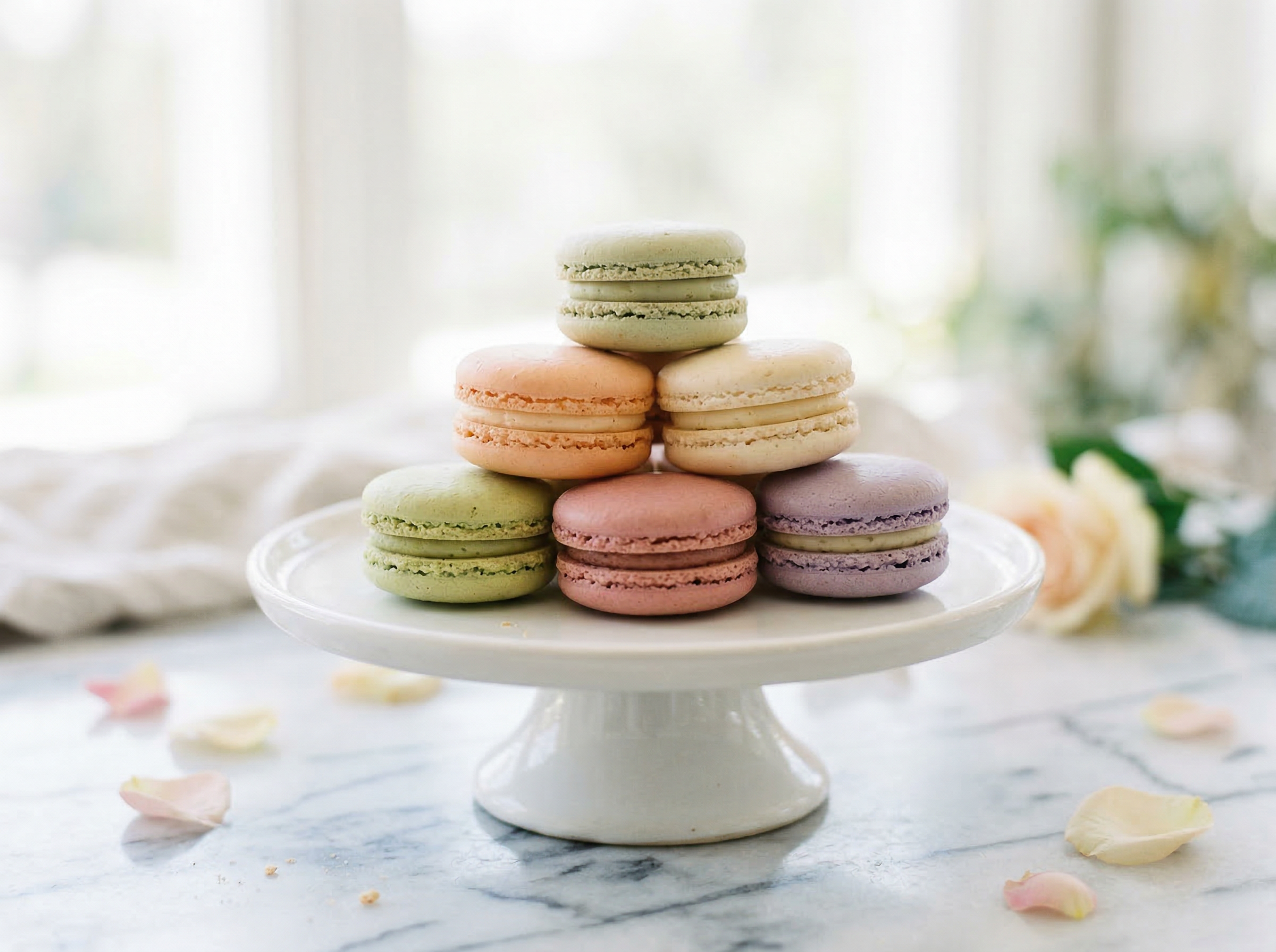 Macaron tower at strict eye-level showing full vertical column of pastel macaron shells with the characteristic foot visible at each shell equator and a band of filling between every pair