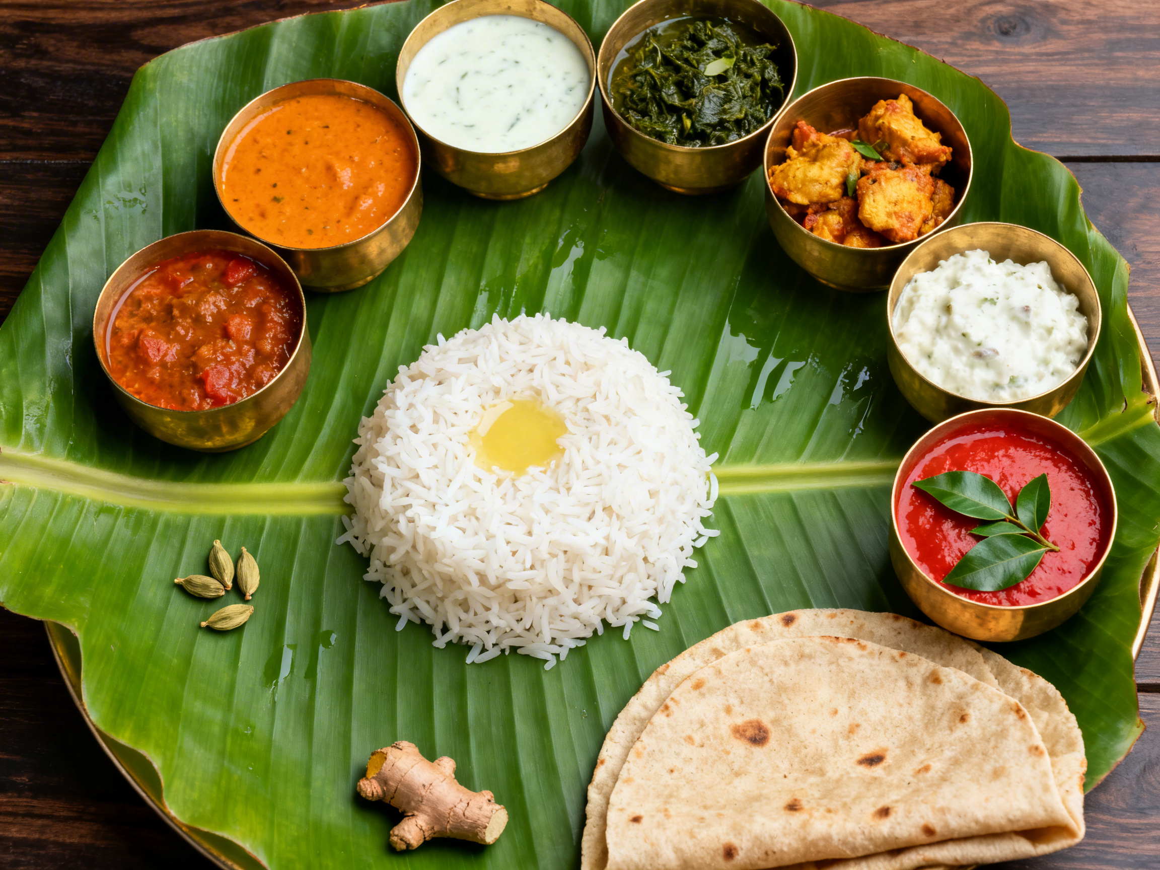 Full South Indian thali on a fresh banana leaf — eight brass katori bowls in color-opposition order around a central rice mound, shot from 90 degrees overhead