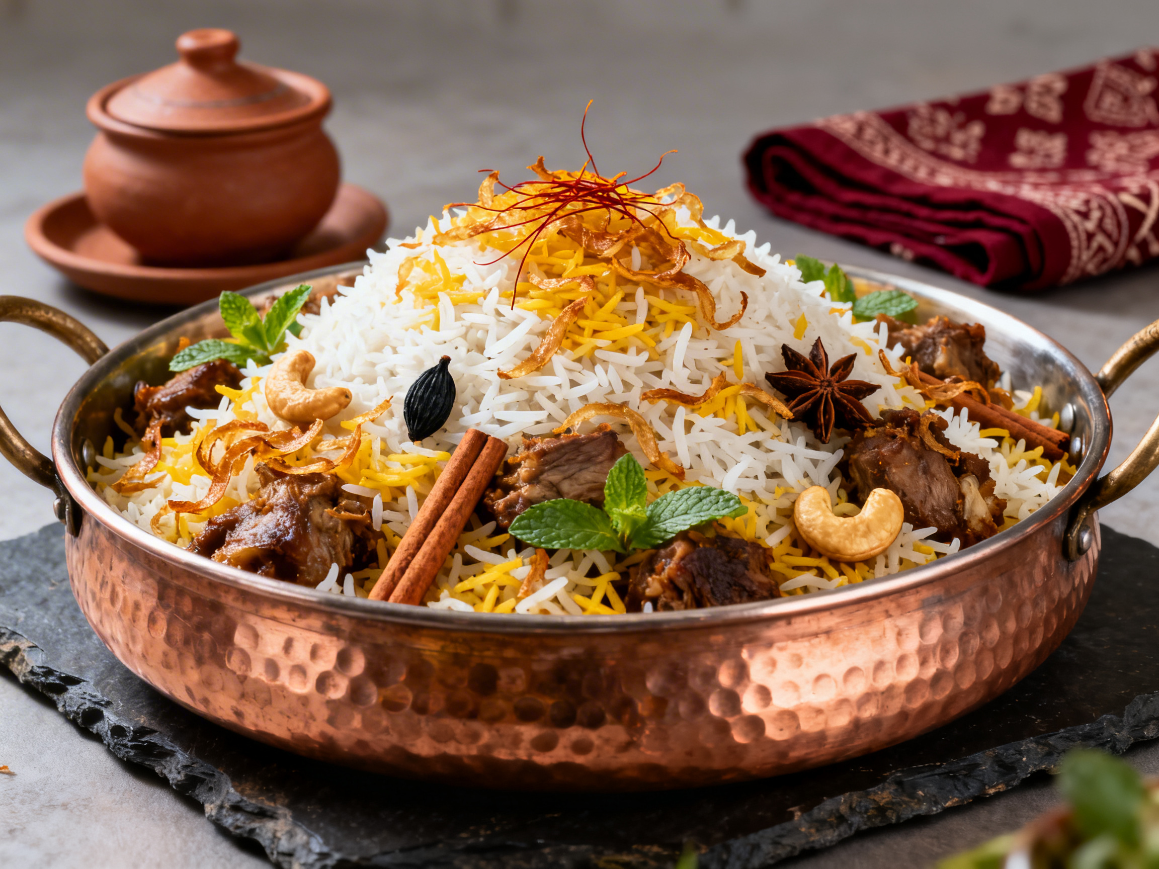 Lamb biryani on a copper platter at 35 degrees — saffron-yellow grains catching side light with micro-shadows between grains, crispy fried onion strands and whole spices on top, clay dum pot blurred in background
