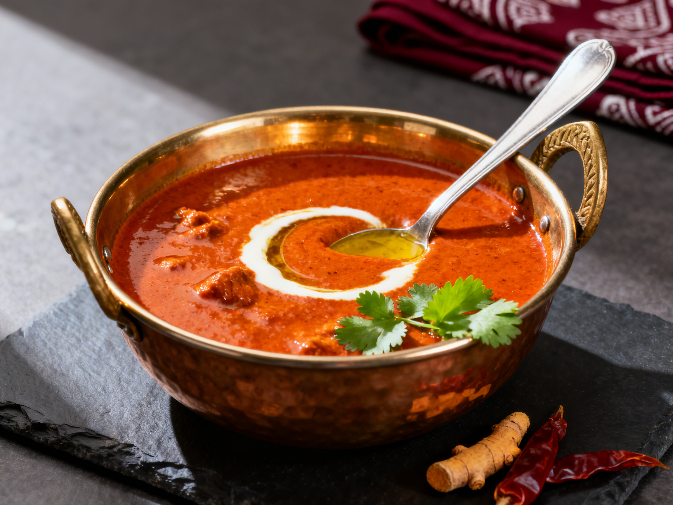 Butter chicken in a polished brass katori at 45 degrees — rich orange-red sauce with appetizing ghee sheen, silver spoon at bowl rim, fresh cilantro, on dark slate