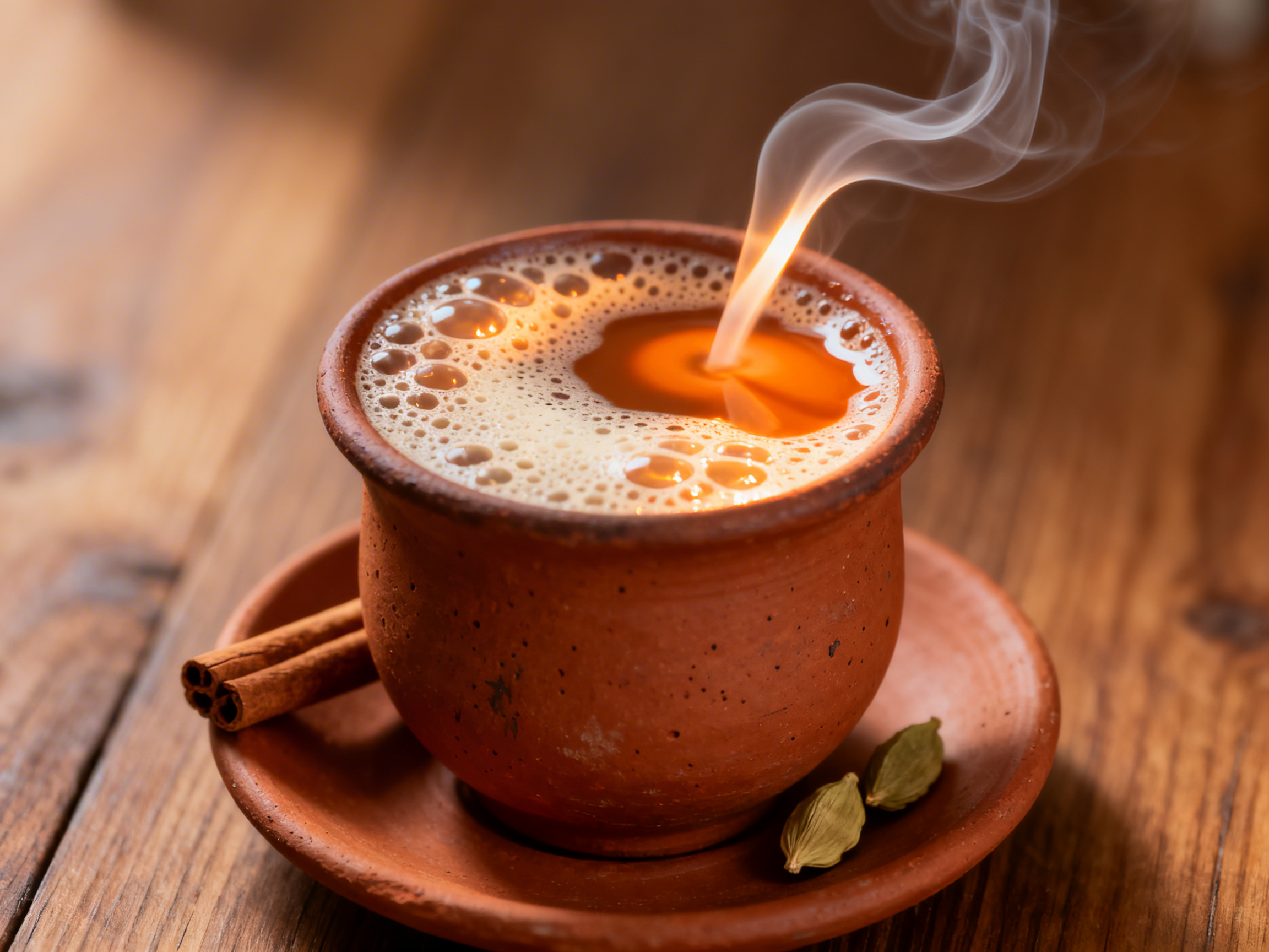 Masala chai in a terracotta kulhad at eye level 5 degrees below the rim — foamy froth surface with fine amber bubbles visible, thin wisp of steam rising, cinnamon stick and cardamom pods on the saucer