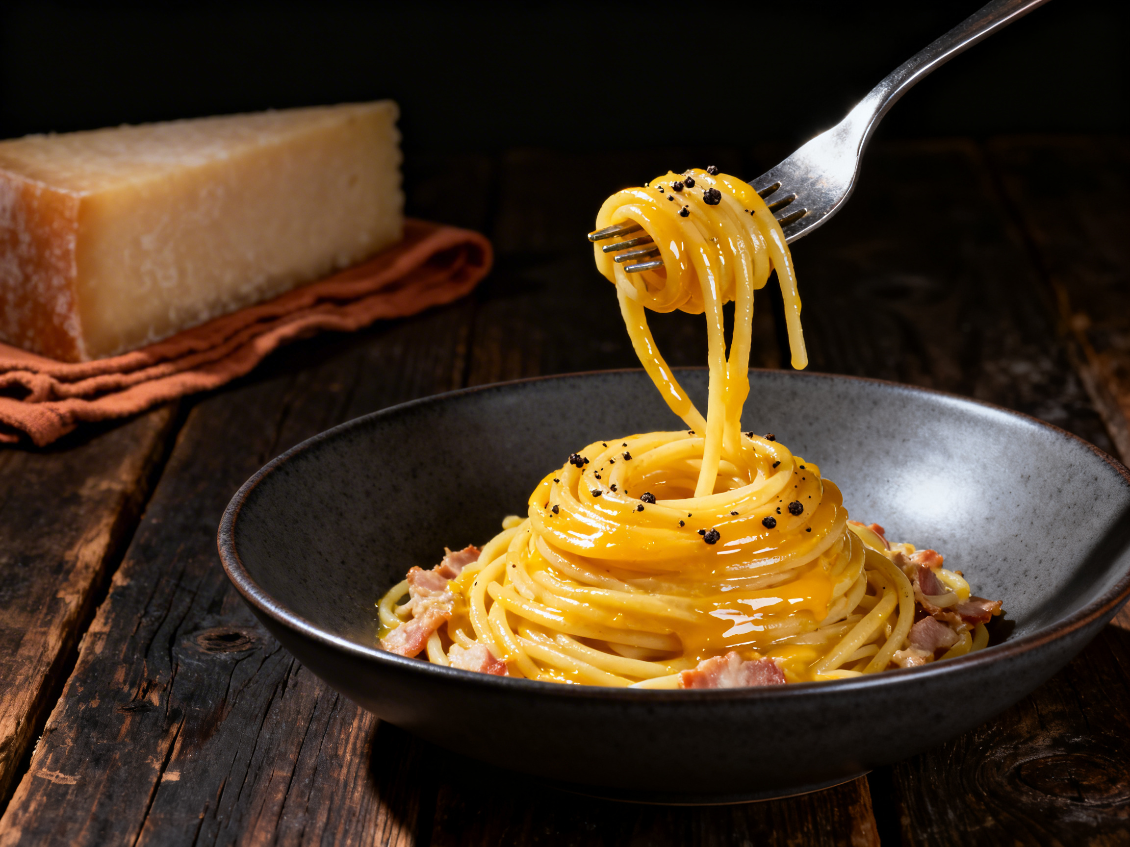 Spaghetti carbonara twirl at 45 degrees showing high-gloss emulsified egg-yolk lacquer coating every strand, with coarse black pepper cracks on top