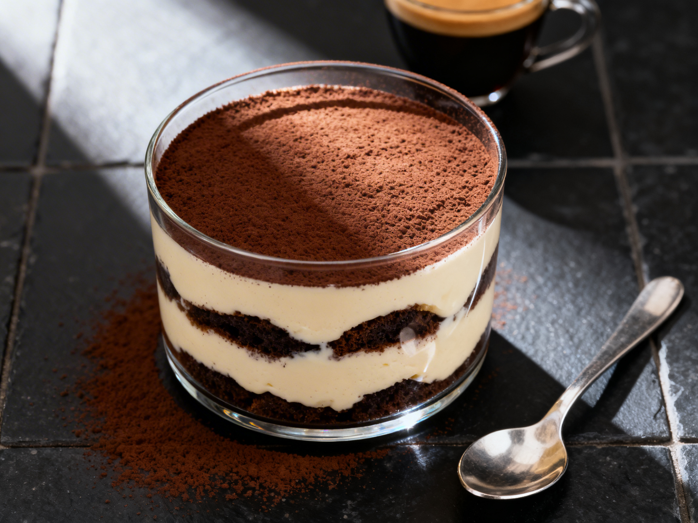 Tiramisu in a wide glass ramekin shot from directly overhead showing a perfectly even cocoa-powder-dusted surface as the hero plane
