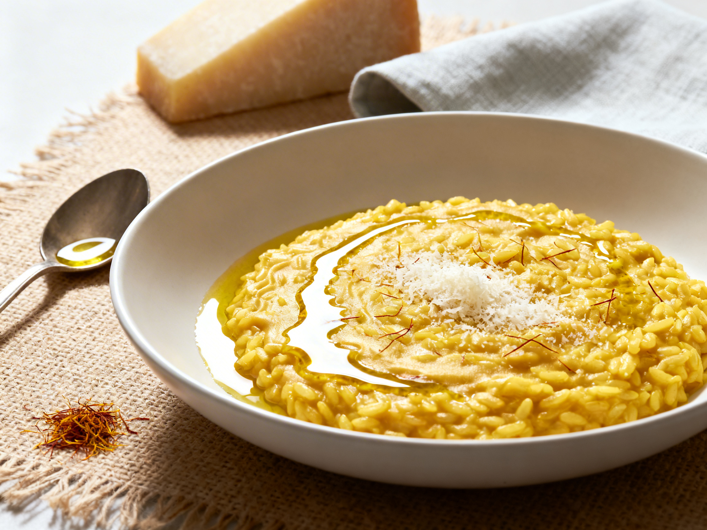 Saffron risotto in wide shallow bowl at 35-degree angle showing flowing loose consistency spreading naturally, with a thin finishing olive oil gloss trail drizzled across the surface