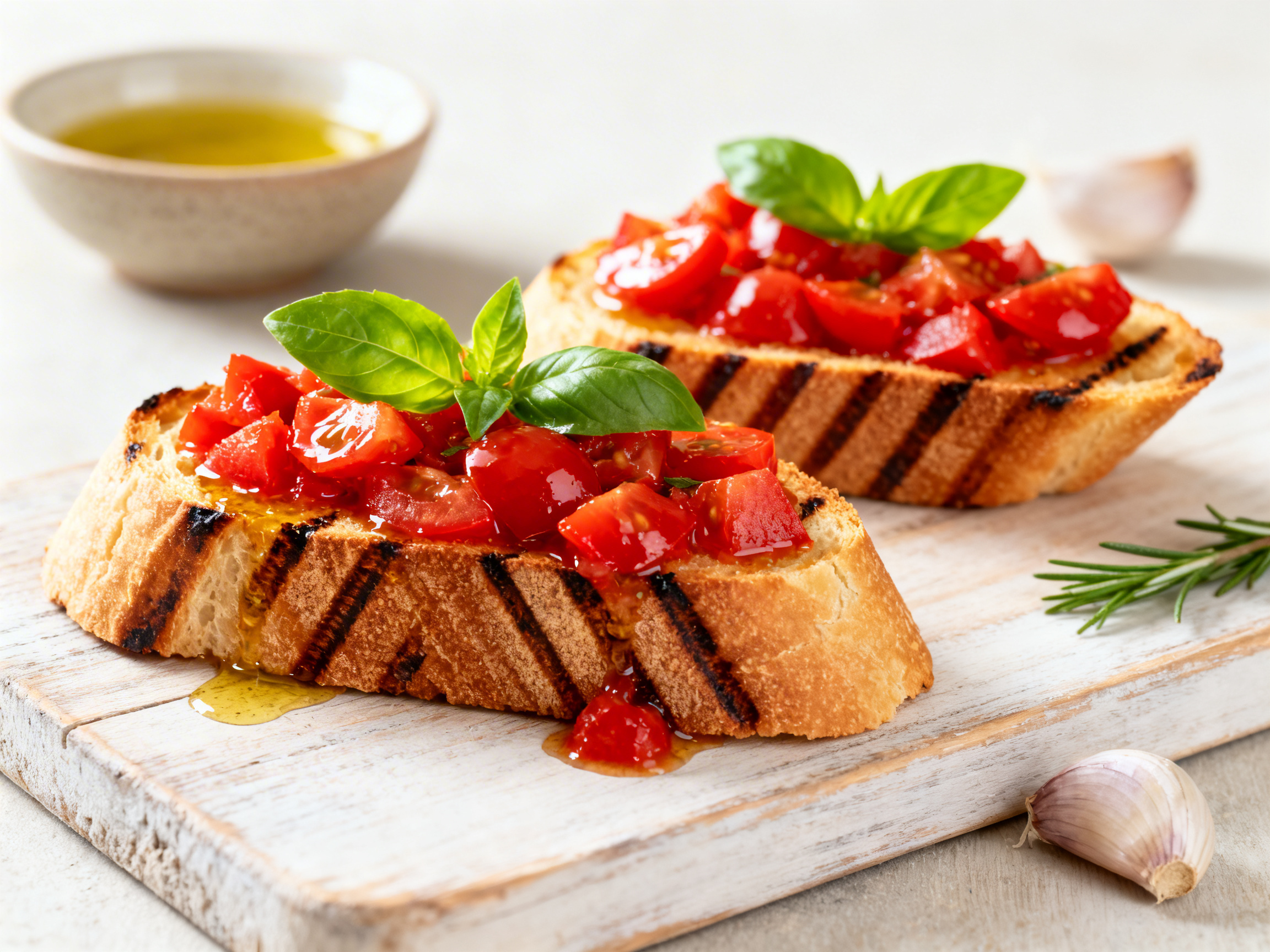 Bruschetta on toasted ciabatta at 35-degree angle showing vibrant tomato concasse glistening with olive oil and fresh basil leaves on top, two pieces leaning against each other on a rustic wooden board