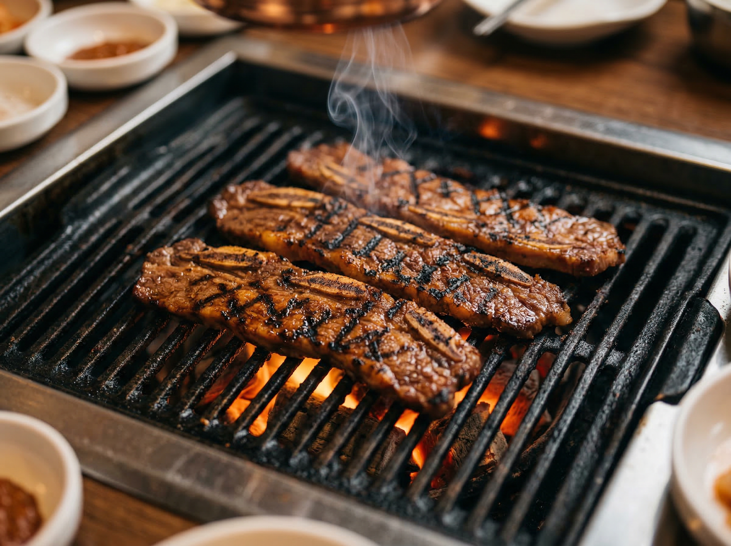 Korean BBQ galbi short ribs on cast iron grill grate at 35-degree angle, peak crosshatch char marks still showing interior redness, a single backlit smoke wisp rising from fat dripping onto glowing charcoal beneath the grate
