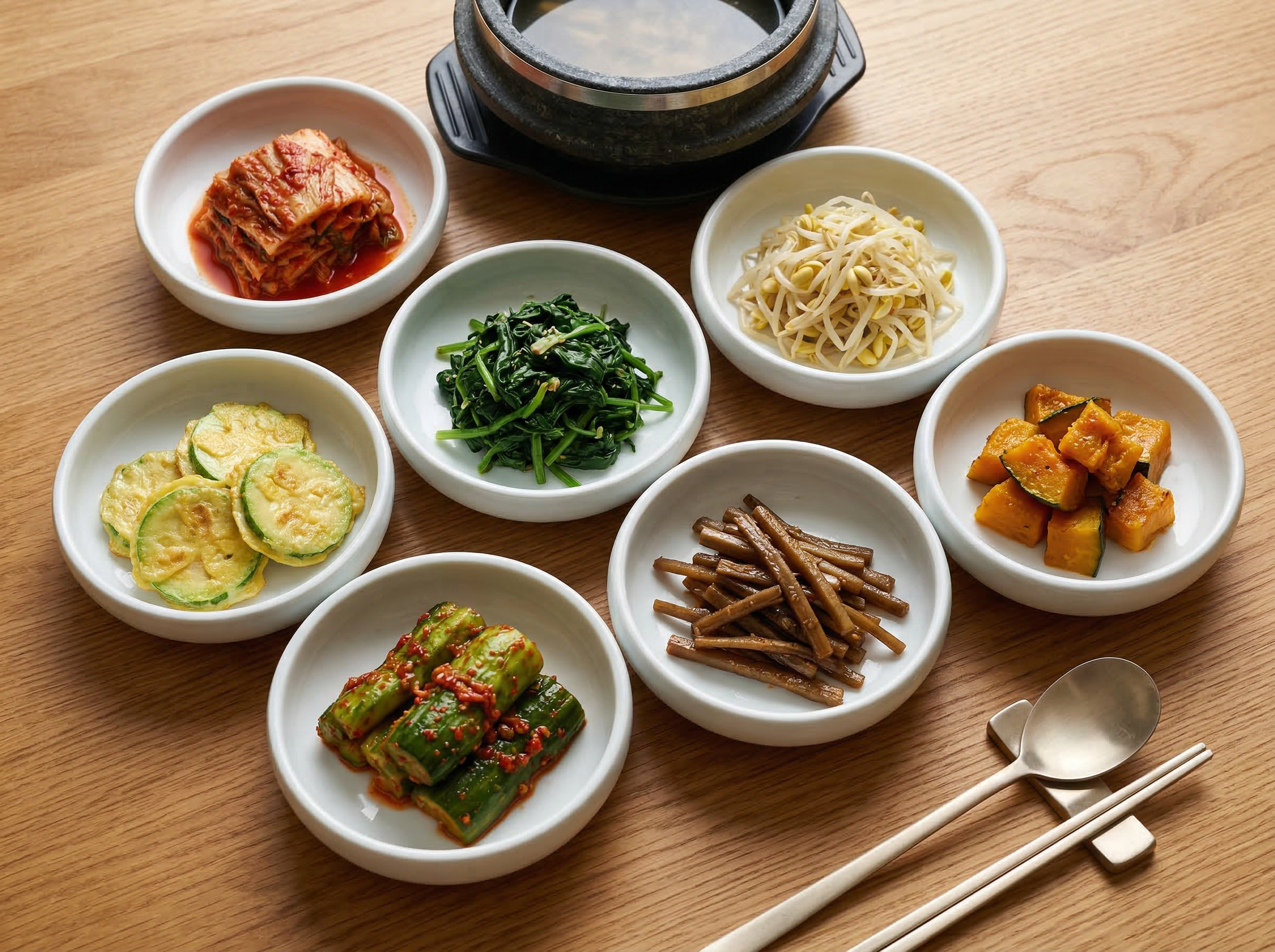 Seven-dish banchan spread overhead at 70-degree angle with soft side component creating dish-rim shadows that separate kimchi red, bean sprout pale, and spinach namul green, dolsot anchor bowl at upper center