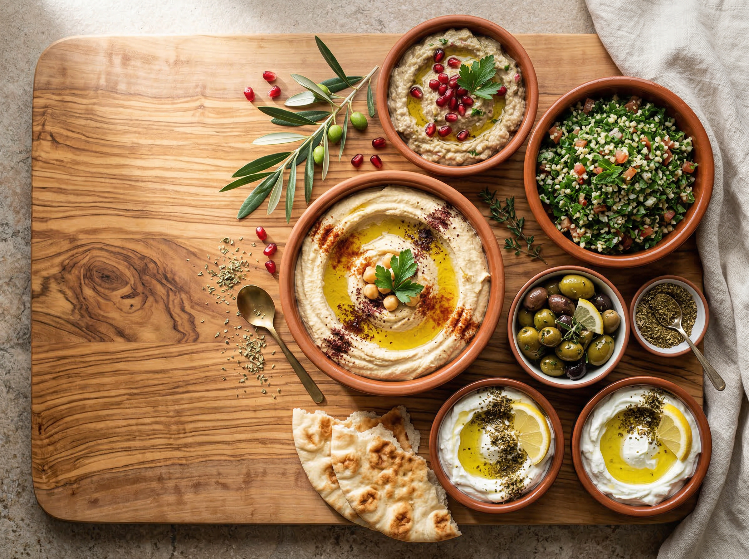 Overhead mezze spread on olive wood board with three bowl sizes, torn pita overlapping hummus, and asymmetric negative space