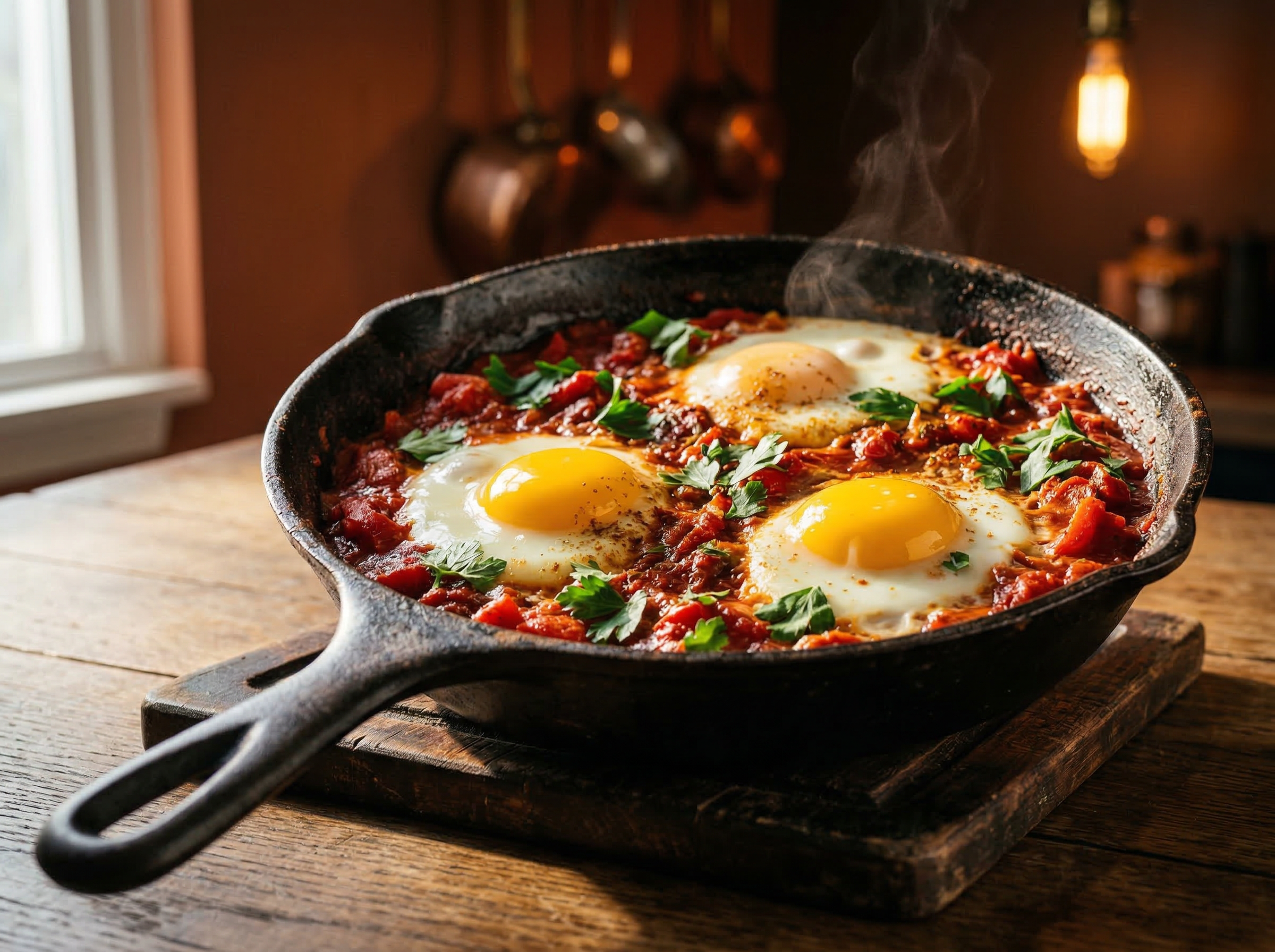 Shakshuka in cast iron skillet at 45 degrees — domed liquid yolks glistening over crimson tomato sauce with steam rising