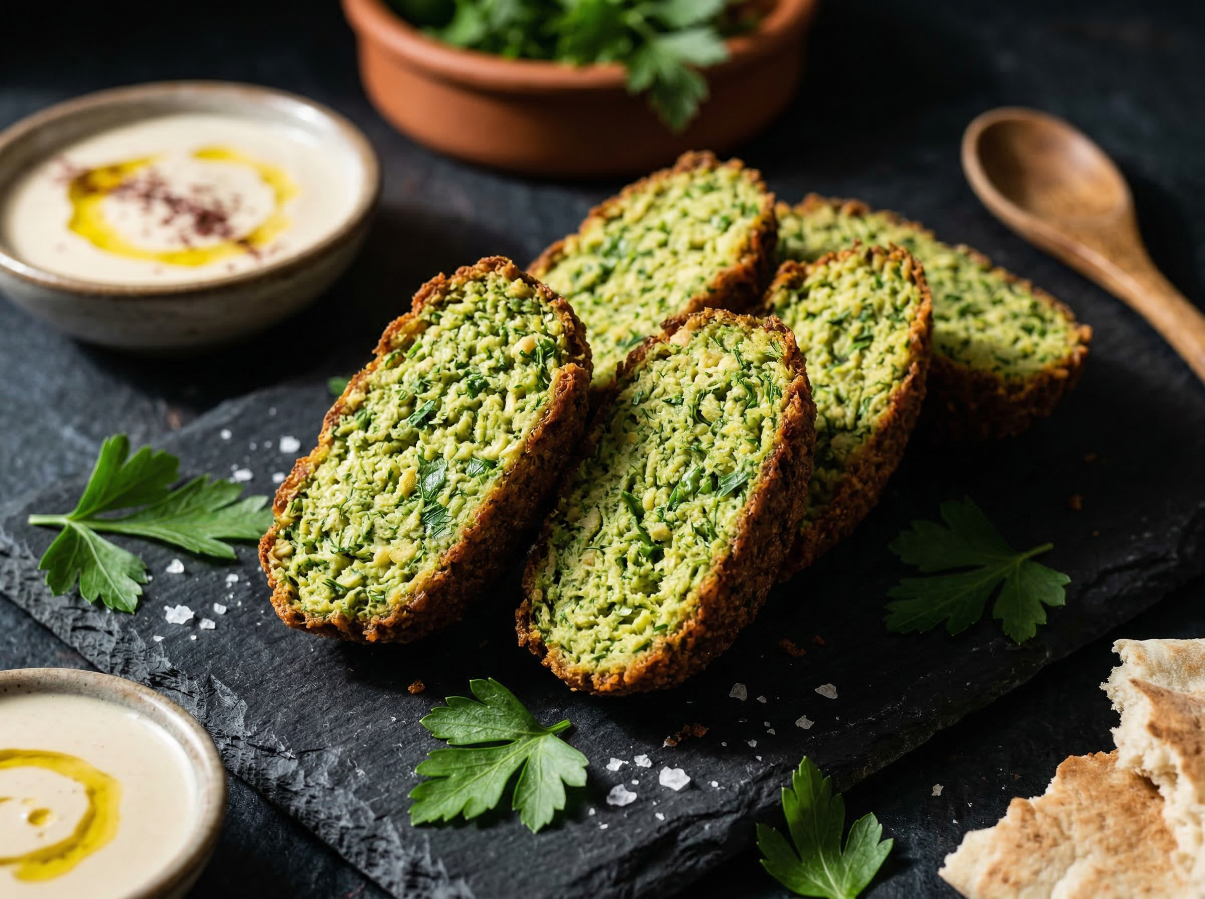 Falafel halves fanned at 35 degrees revealing vivid green herb interior with visible parsley and coriander flecks against dark crust