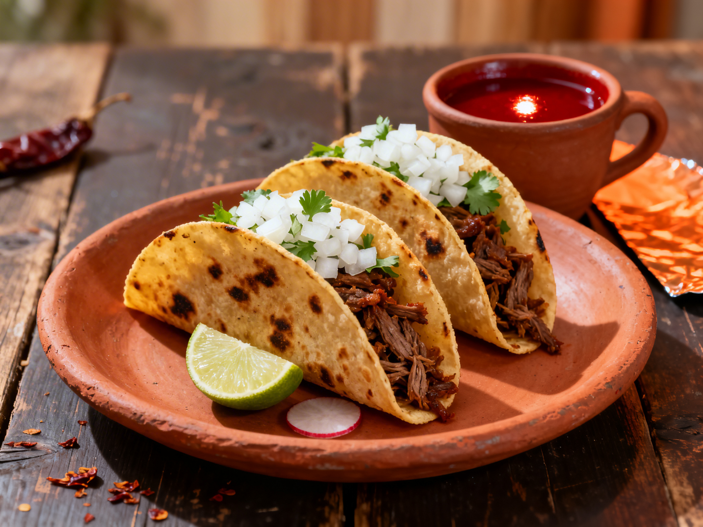 Three birria tacos individually propped at 45 degrees with braised beef filling spilling forward, white onion and cilantro topping, crimson consommé dipping cup behind-right