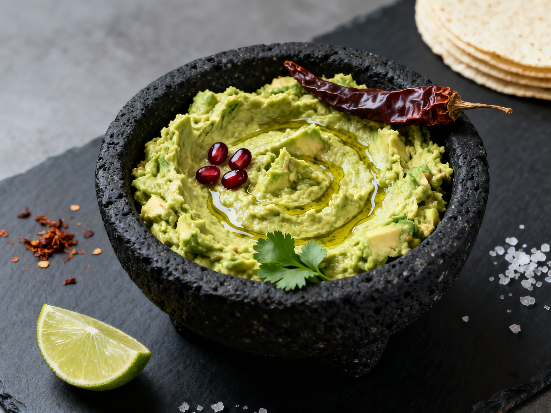 Guacamole in black volcanic molcajete shot true 90-degree overhead — rough uneven surface with peaks and valleys, olive oil drizzle, pomegranate seeds, dried ancho chile, cilantro sprig at different heights on dark slate