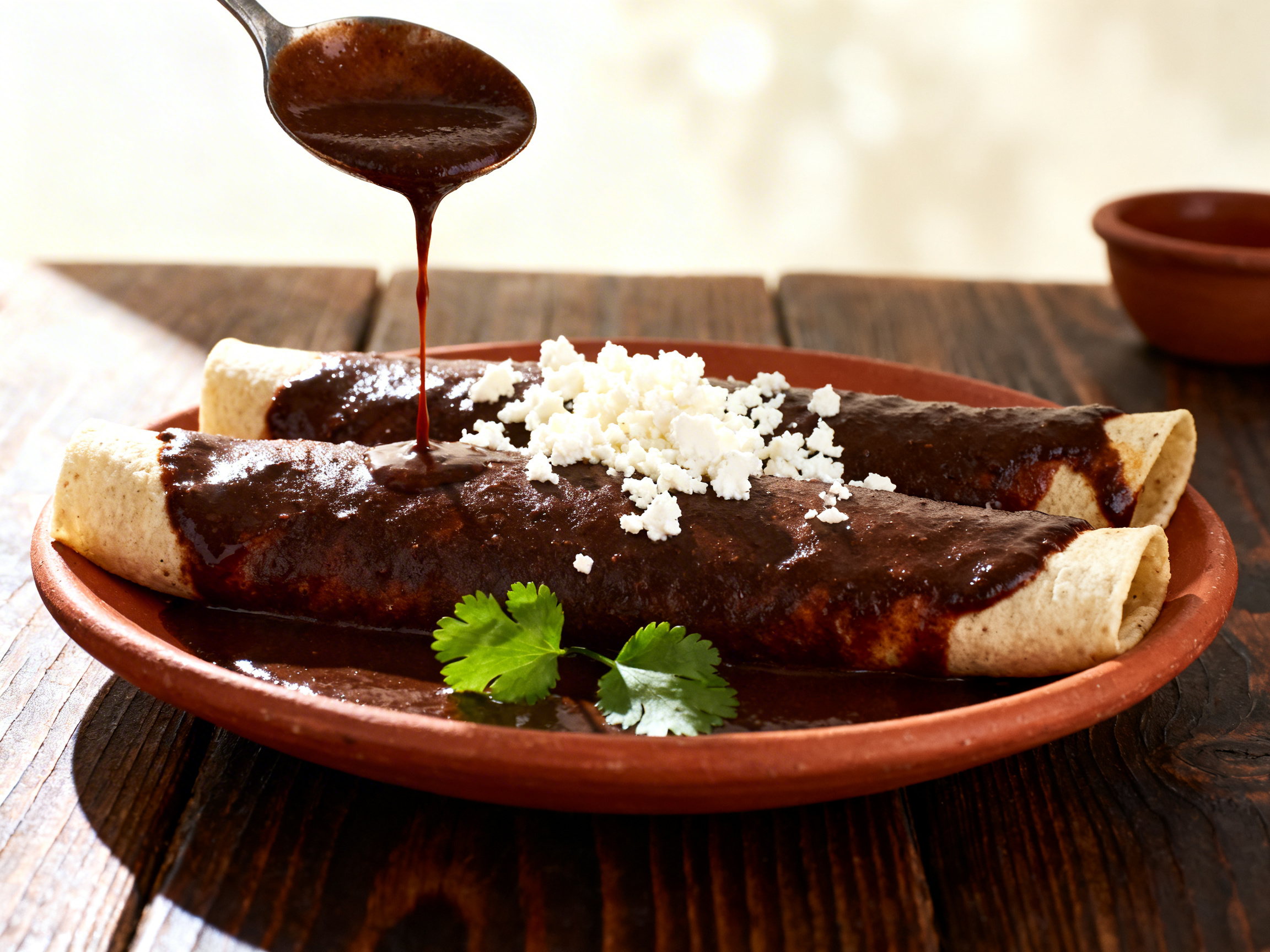 Enchiladas at 30-degree left-side angle on terracotta plate — freshly poured dark mole sauce with fluid sheen, rolled tortilla edges visible on sides, white queso fresco crumble contrast