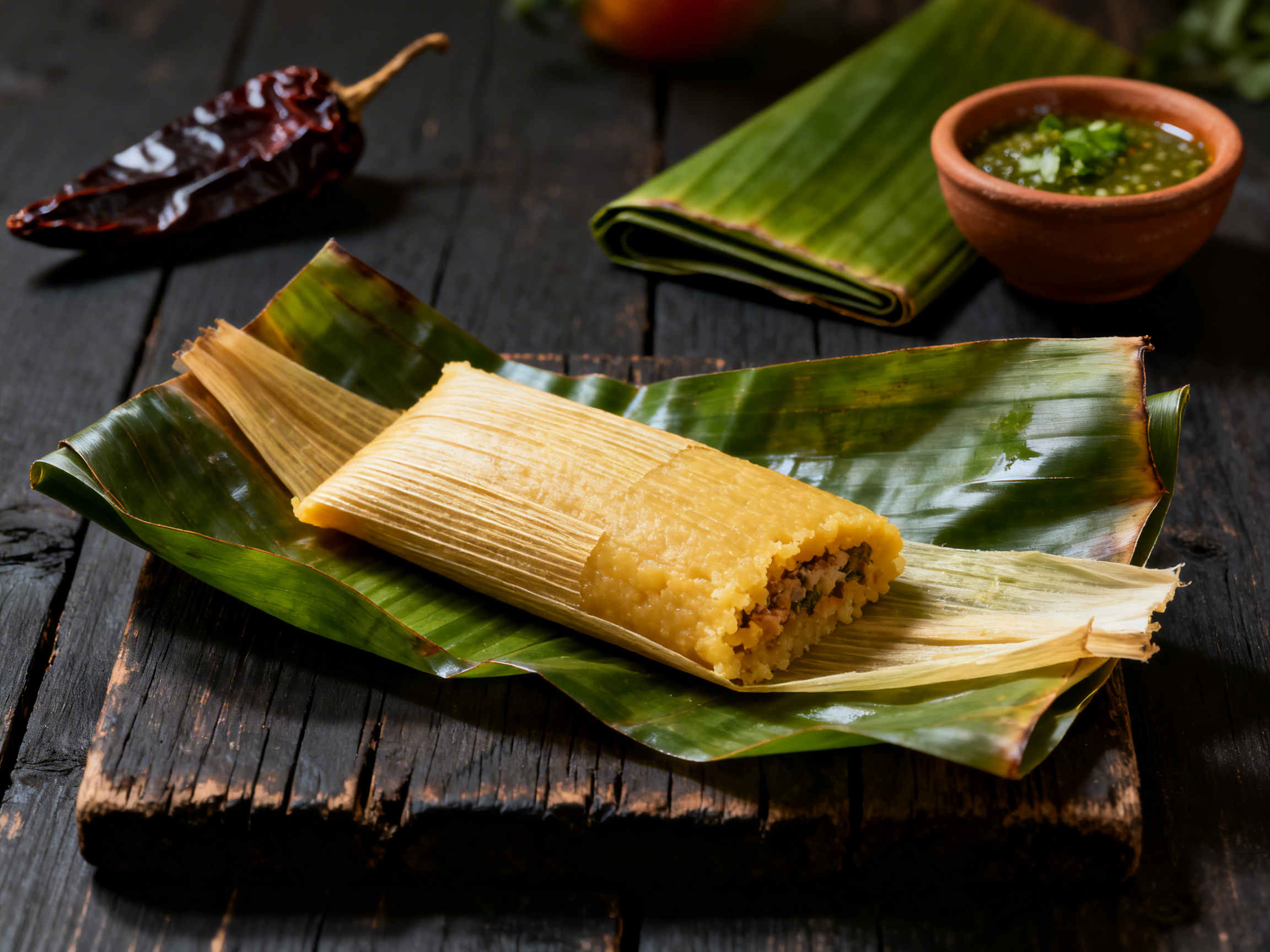 Single tamale with banana leaf partially unwrapped at 40-degree elevated angle on dark wood plank — pale golden masa interior revealed, dried ancho chile and clay pot of salsa verde as props