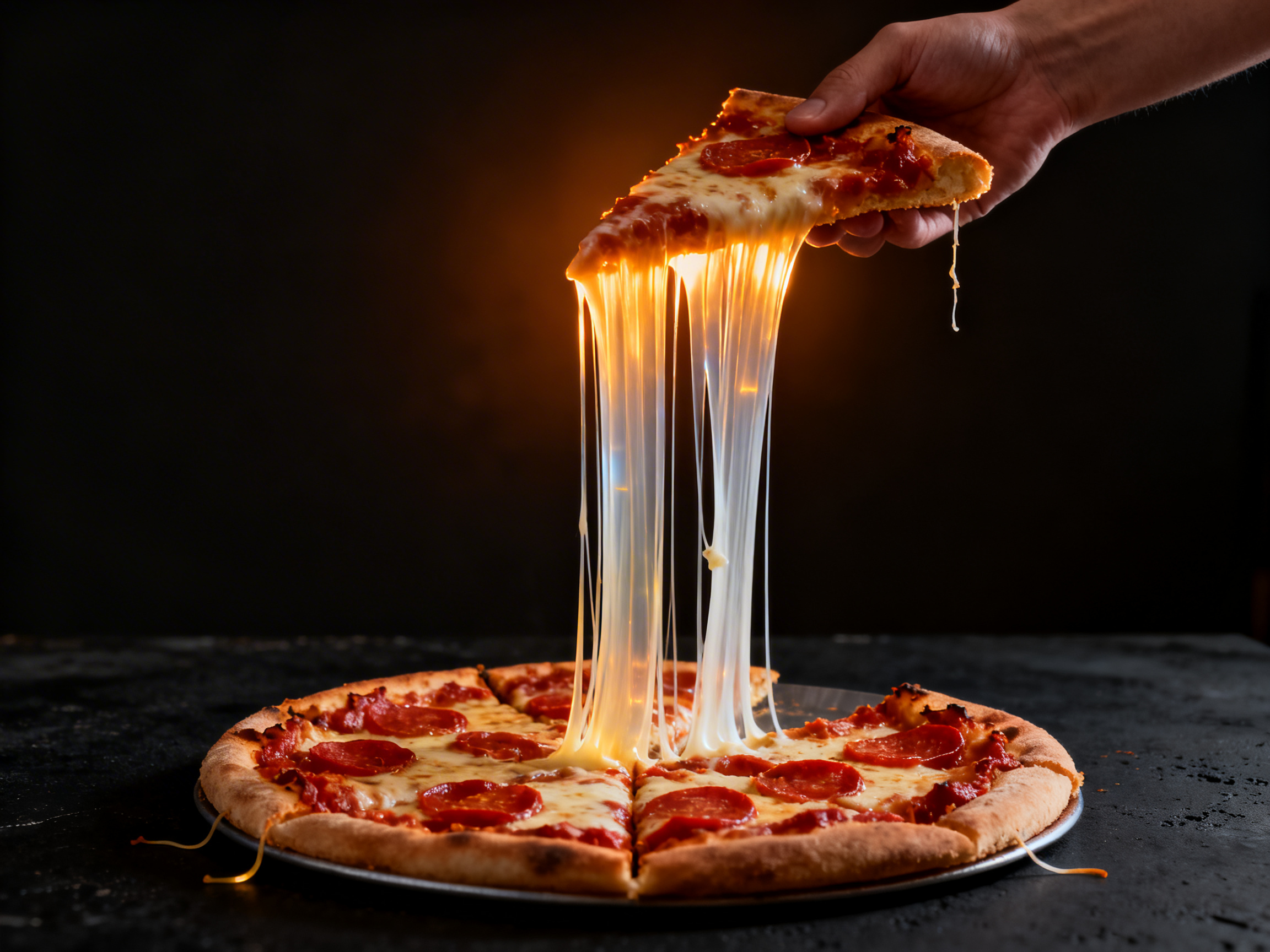 Mozzarella cheese pull from a freshly cut pizza slice at peak elongation, strand at its longest thinnest point, backlit by a rim LED creating amber-gold translucency through the stretched mozzarella against a near-black background