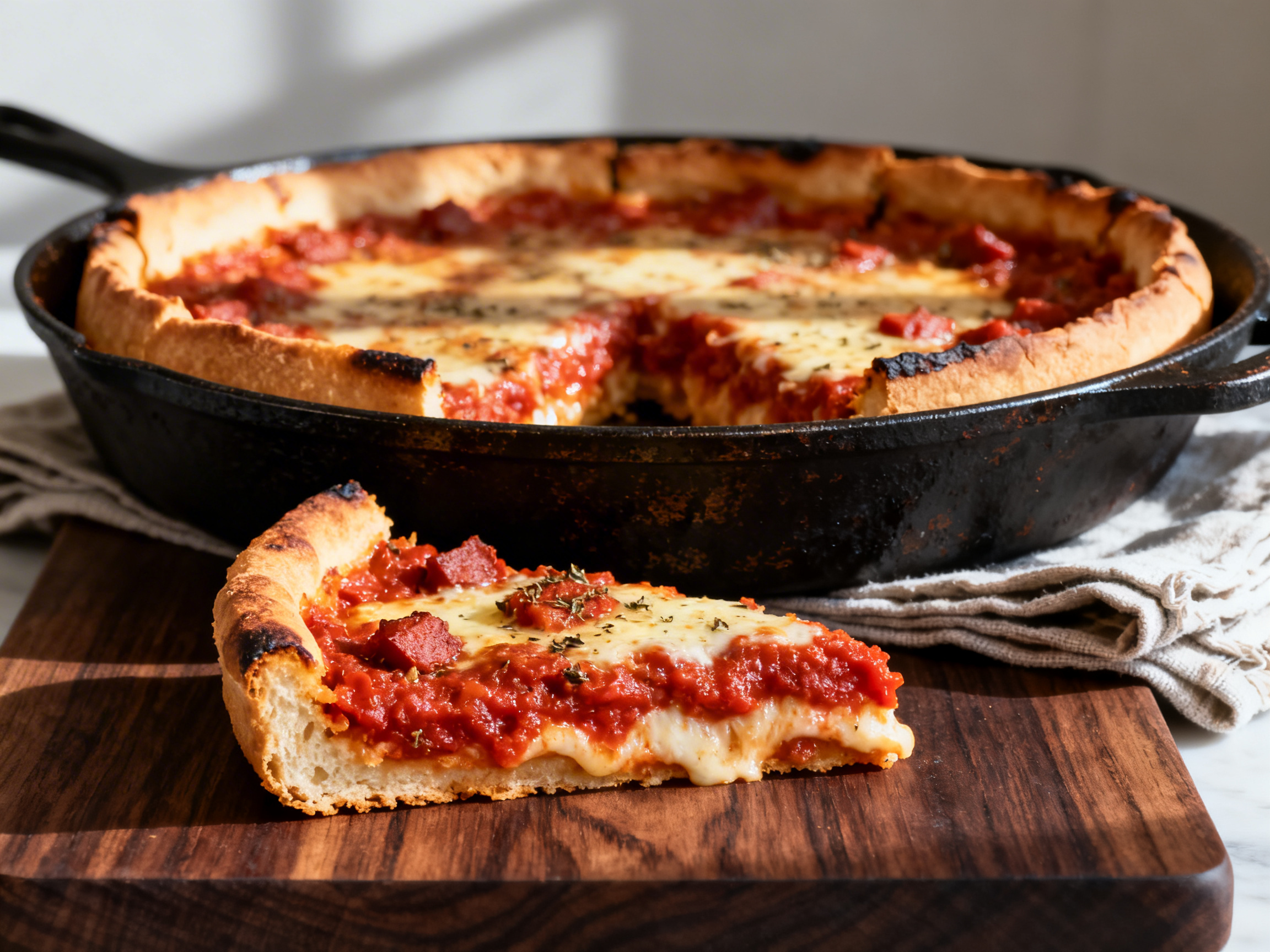 Chicago deep-dish pizza slice at 40-degree angle looking into the seasoned cast-iron pan edge, revealing full architectural layering: golden cornmeal crust wall, thick melted cheese interior, chunky chunky San Marzano tomato sauce mounded on top