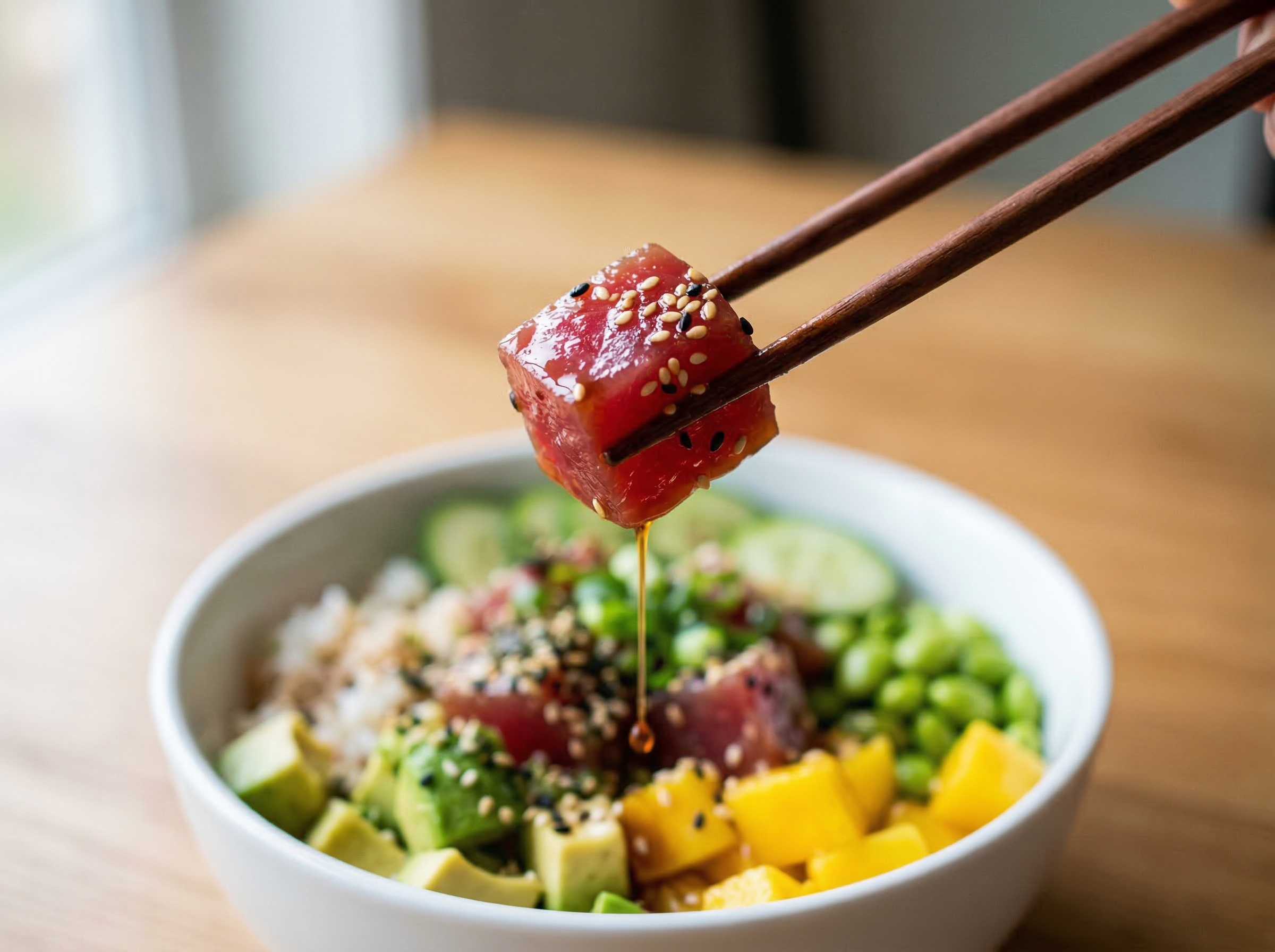Chopsticks lifting a glazed ahi tuna cube from a poke bowl at 45 degrees, soy-sesame marinade visible as a gloss sheen on the fish surface