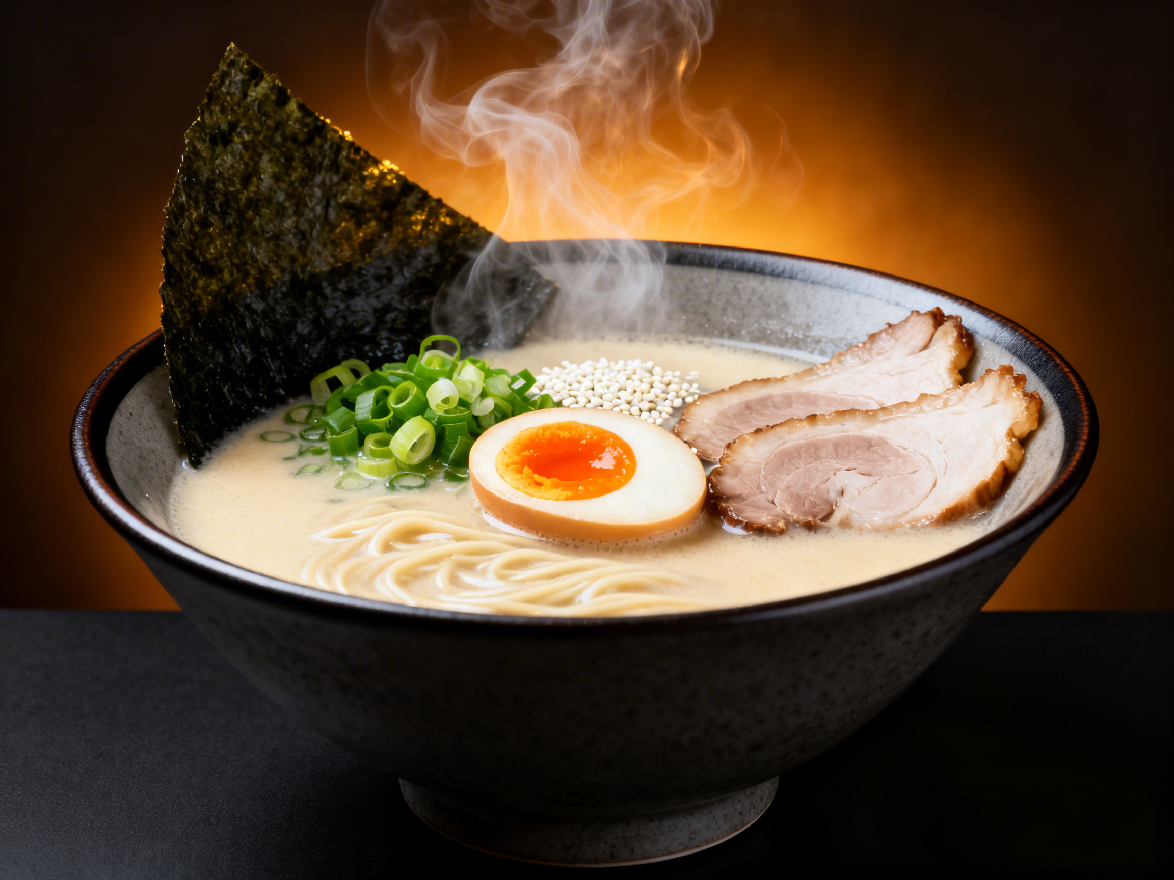 Tonkotsu ramen bowl at exact eye level — golden steam wisps rising against dark background, soft-boiled egg halved yolk-up at front center, nori sheet upright at left, chashu fan at right, creamy ivory broth with warm backlight glow