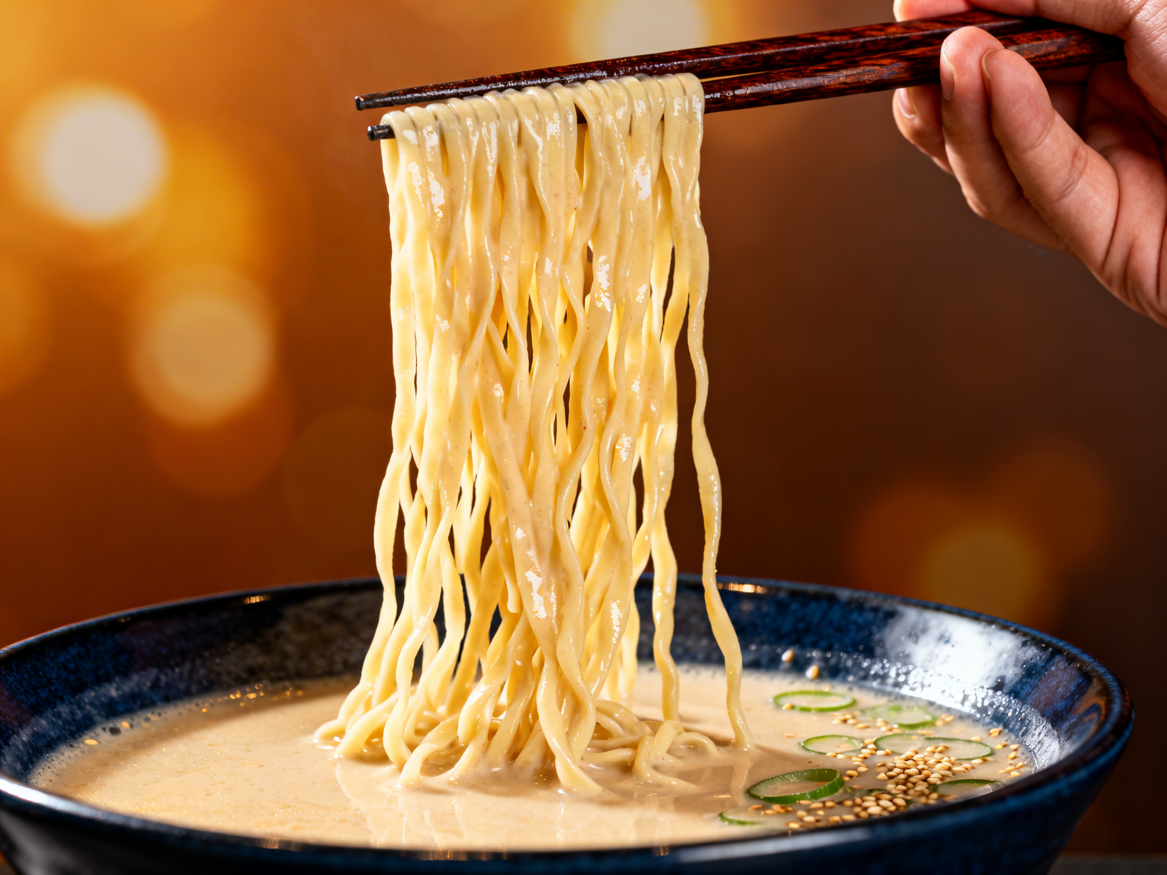 Chopstick lift mid-pull — loose cascading ramen noodle strands at peak elongation above a deep navy bowl, individual strands coated in glossy tonkotsu broth, hand entering frame from top