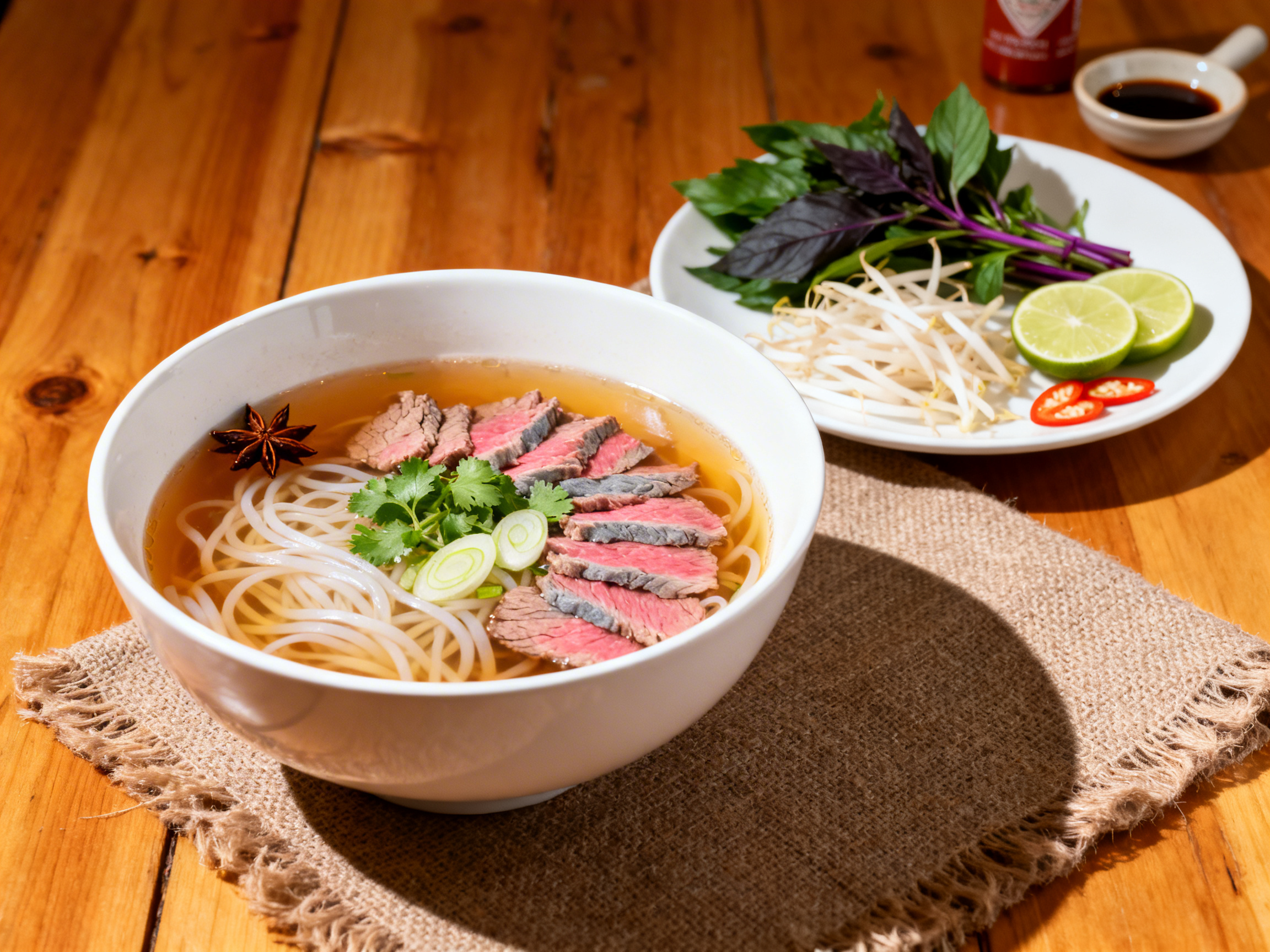 Pho bowl with fresh herb and condiment side plate at 30-degree elevation — clear golden broth, rare beef draped over rice noodles, Thai basil sprigs, bean sprouts, lime wedges, and bird chiles in the same frame