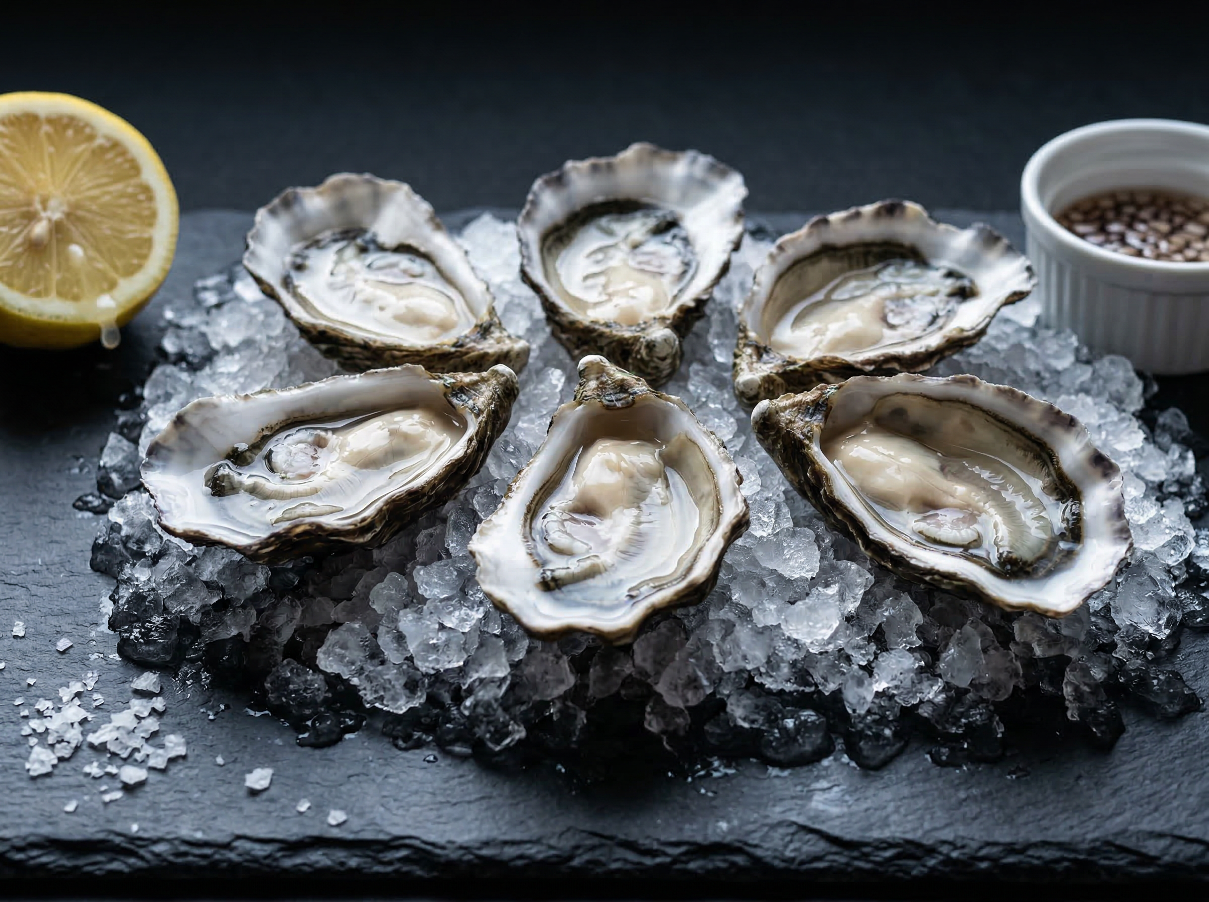 Oysters on the half shell at 35 degrees showing brine pooled in each shell catching cool back-light, dark slate tray with crushed ice