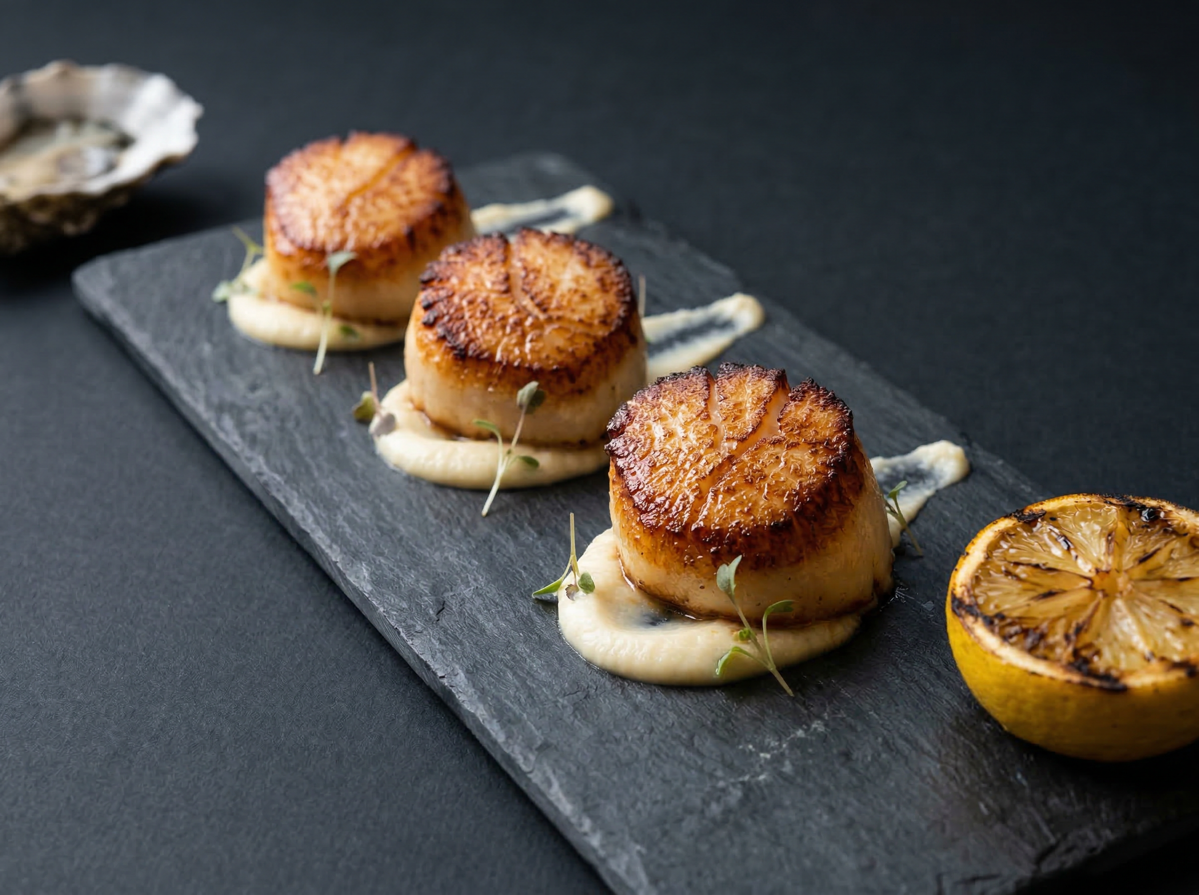 Seared scallop trio on rectangular slate at 45 degrees showing golden Maillard crust on each flat face, cauliflower puree smear beneath