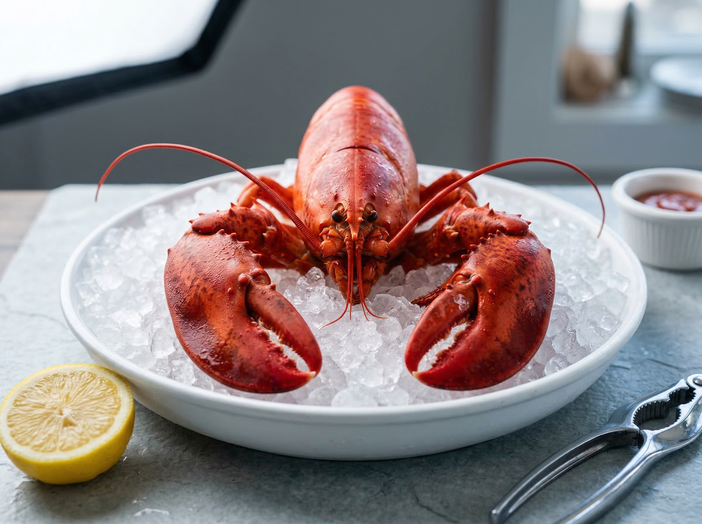 Whole cooked lobster on crushed ice with moisture-misted cardinal-red shell and cracked claws, cool 5600K natural light