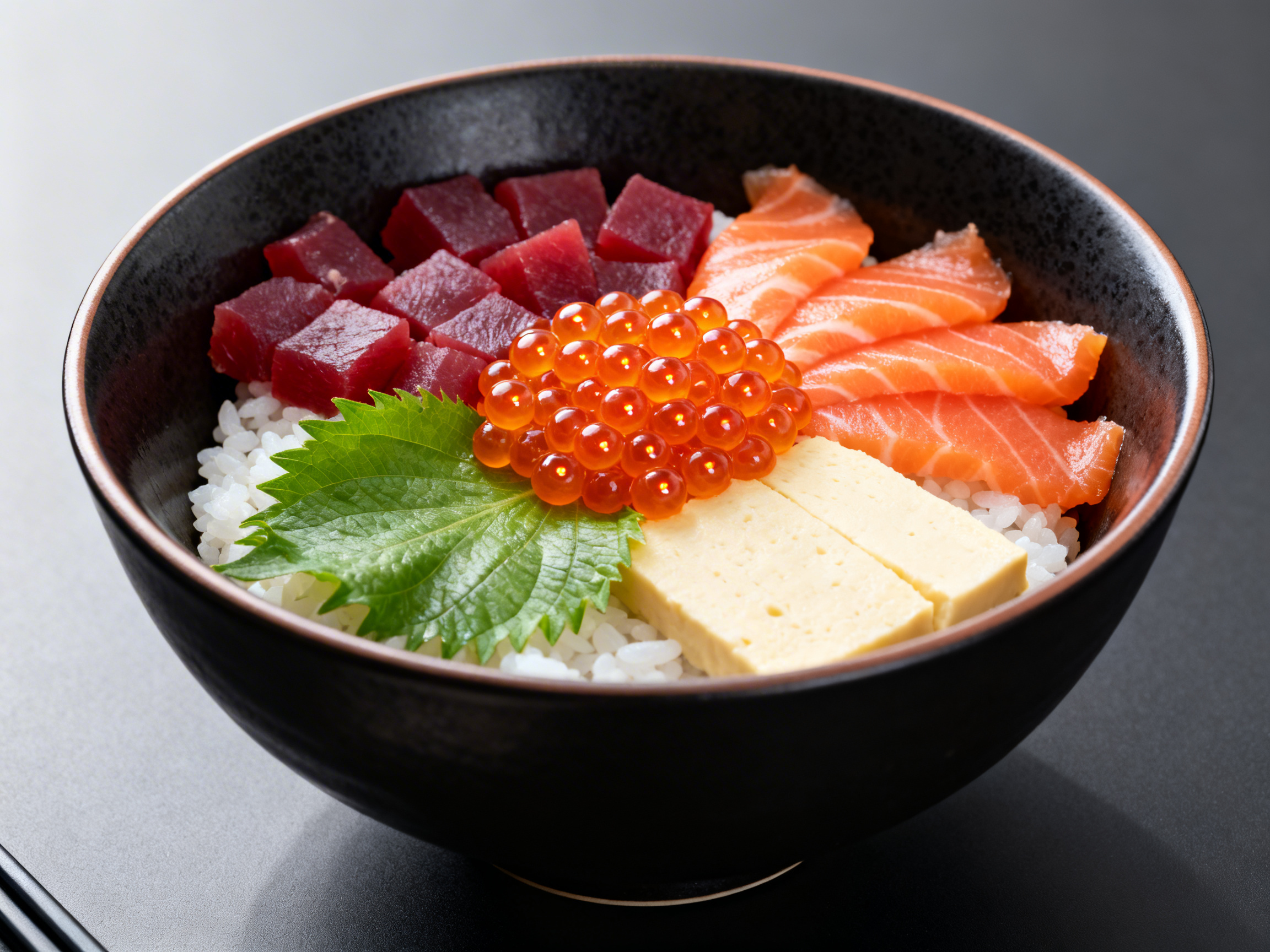 Chirashi bowl viewed from 35° elevation — vivid orange ikura pearl cluster at geometric center with tuna cubes, salmon sashimi slices, shiso leaves, and tamago in color-contrasting outward clusters
