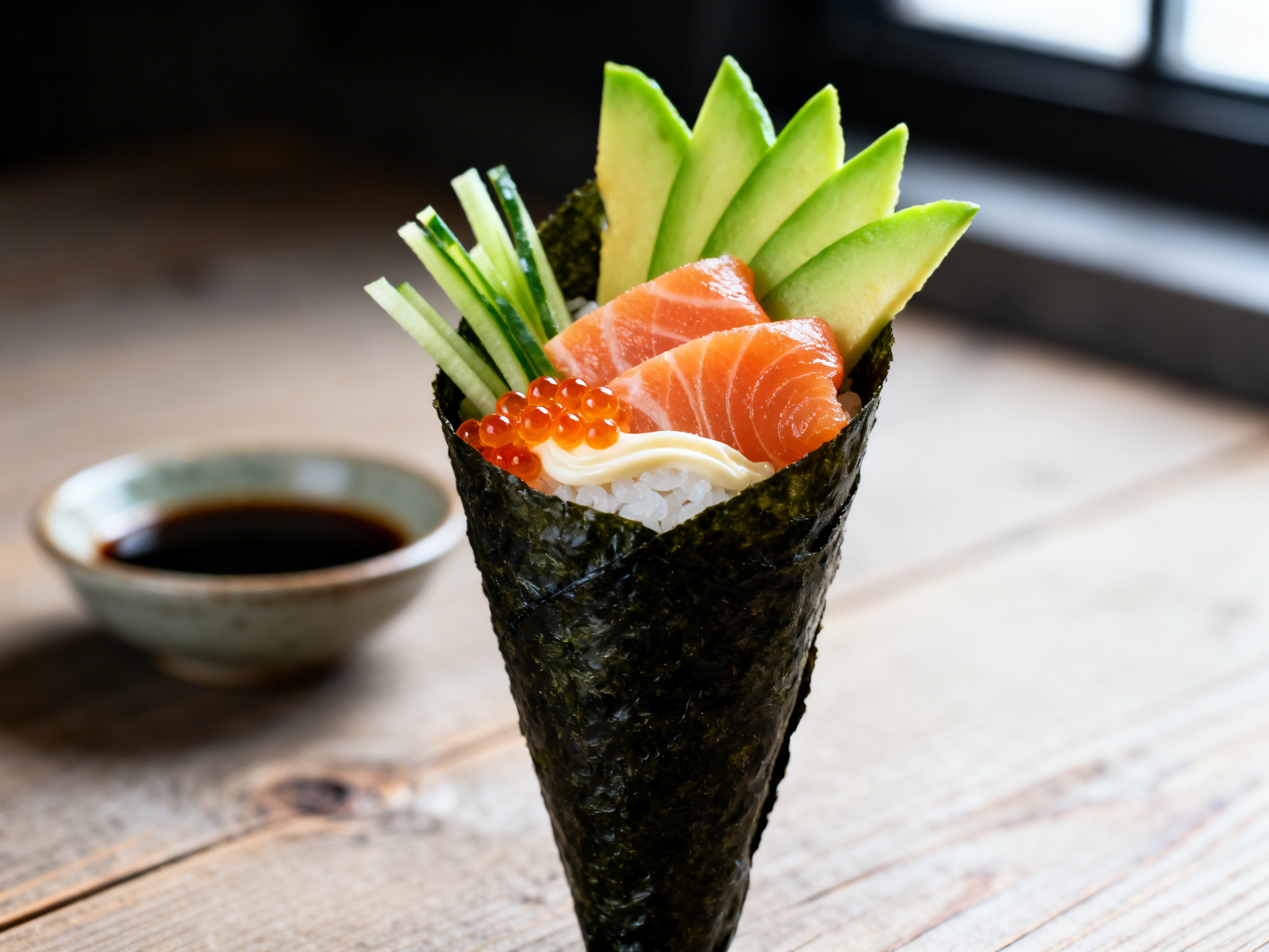 Temaki hand roll at eye-level — cone shape of nori fully visible with salmon, cucumber, and avocado ingredients spilling upward from the open top