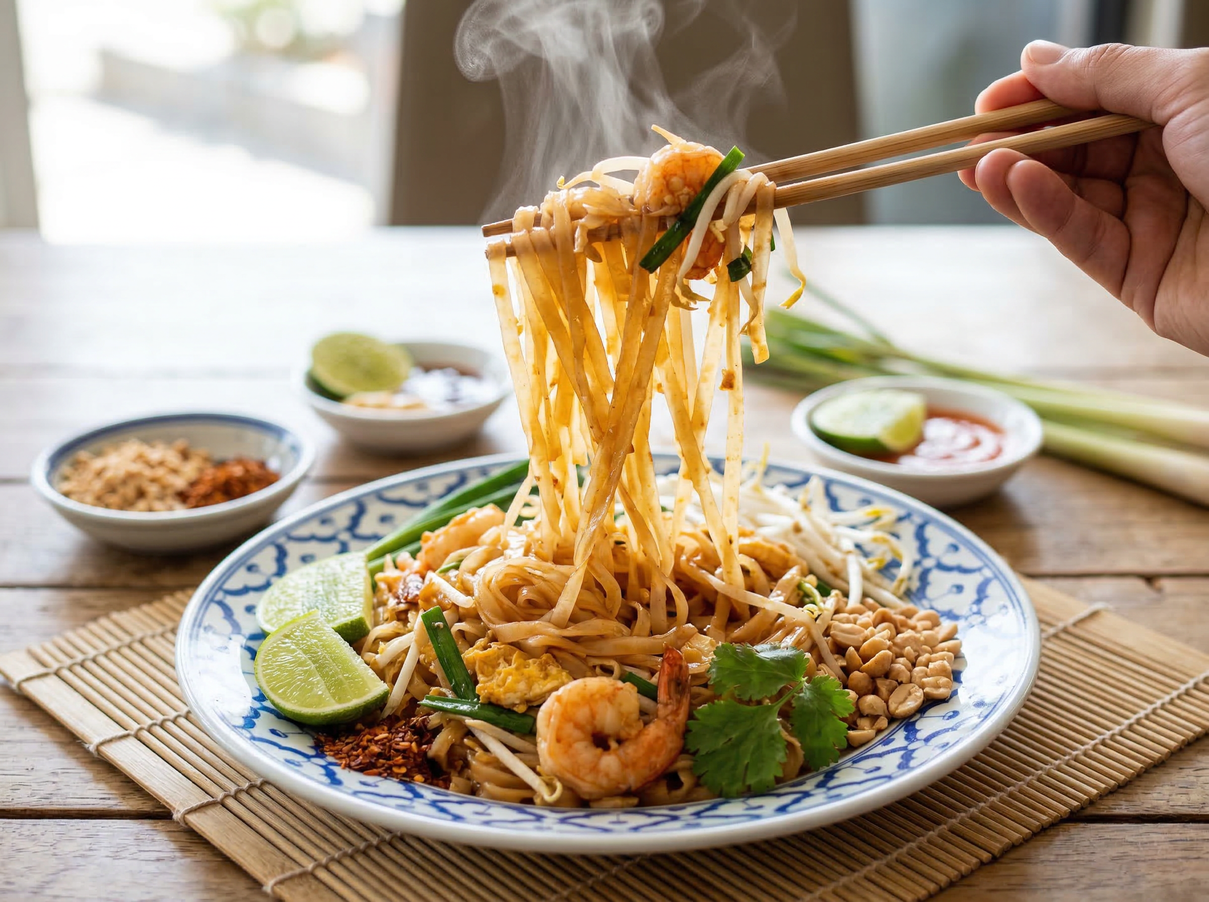 Pad thai noodles mid-lift by long bamboo chopsticks at 45 degrees, individual translucent rice noodles fanned open in a loose arc catching studio light on their glossy surfaces, bean sprouts and a lime wedge on the plate below