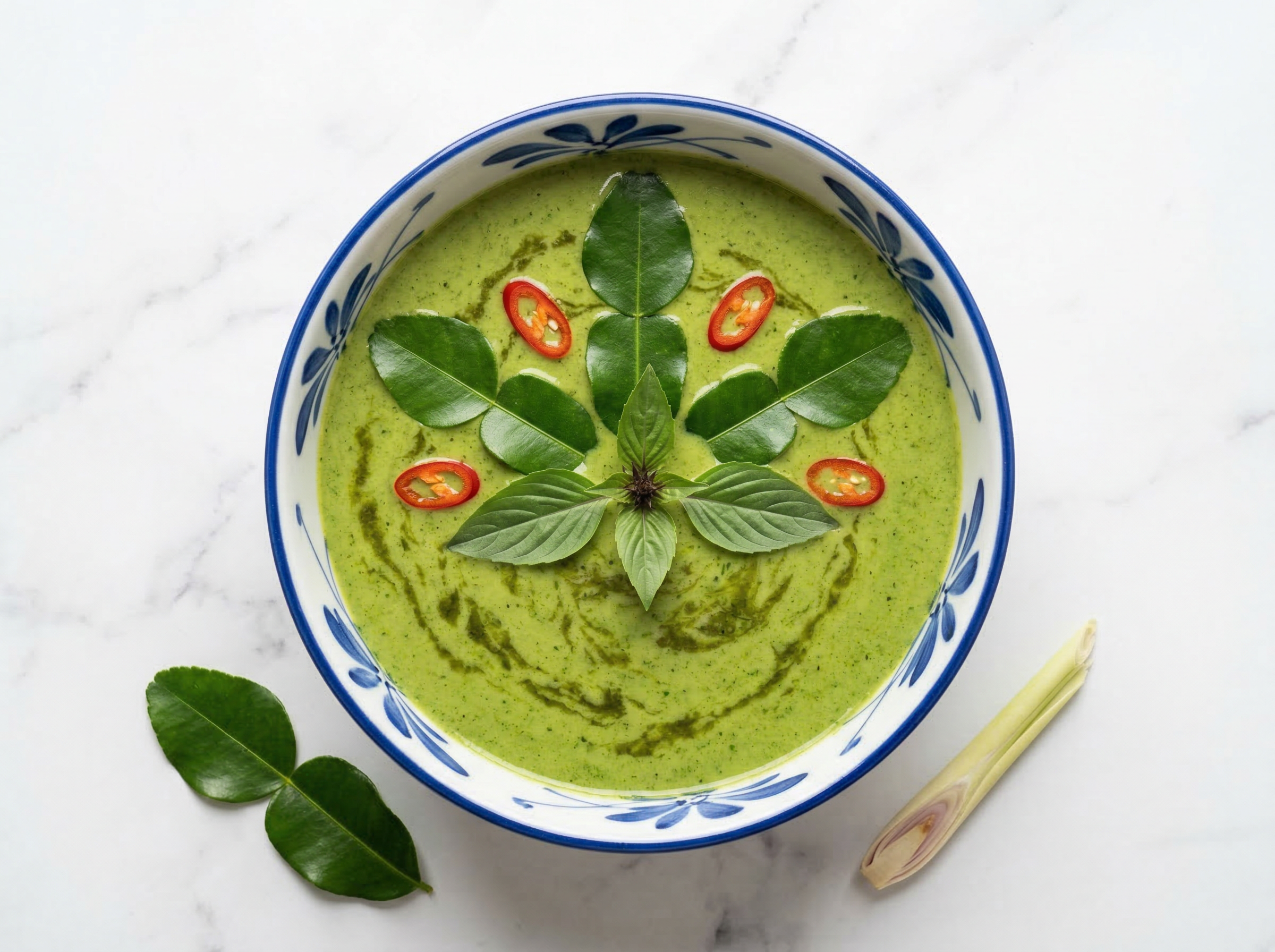 Thai green curry in a hand-painted blue and white ceramic bowl photographed overhead, vivid emerald coconut cream surface with a geometric arrangement of whole double-lobed kaffir lime leaves, red chili rounds, and a fresh Thai basil sprig at center