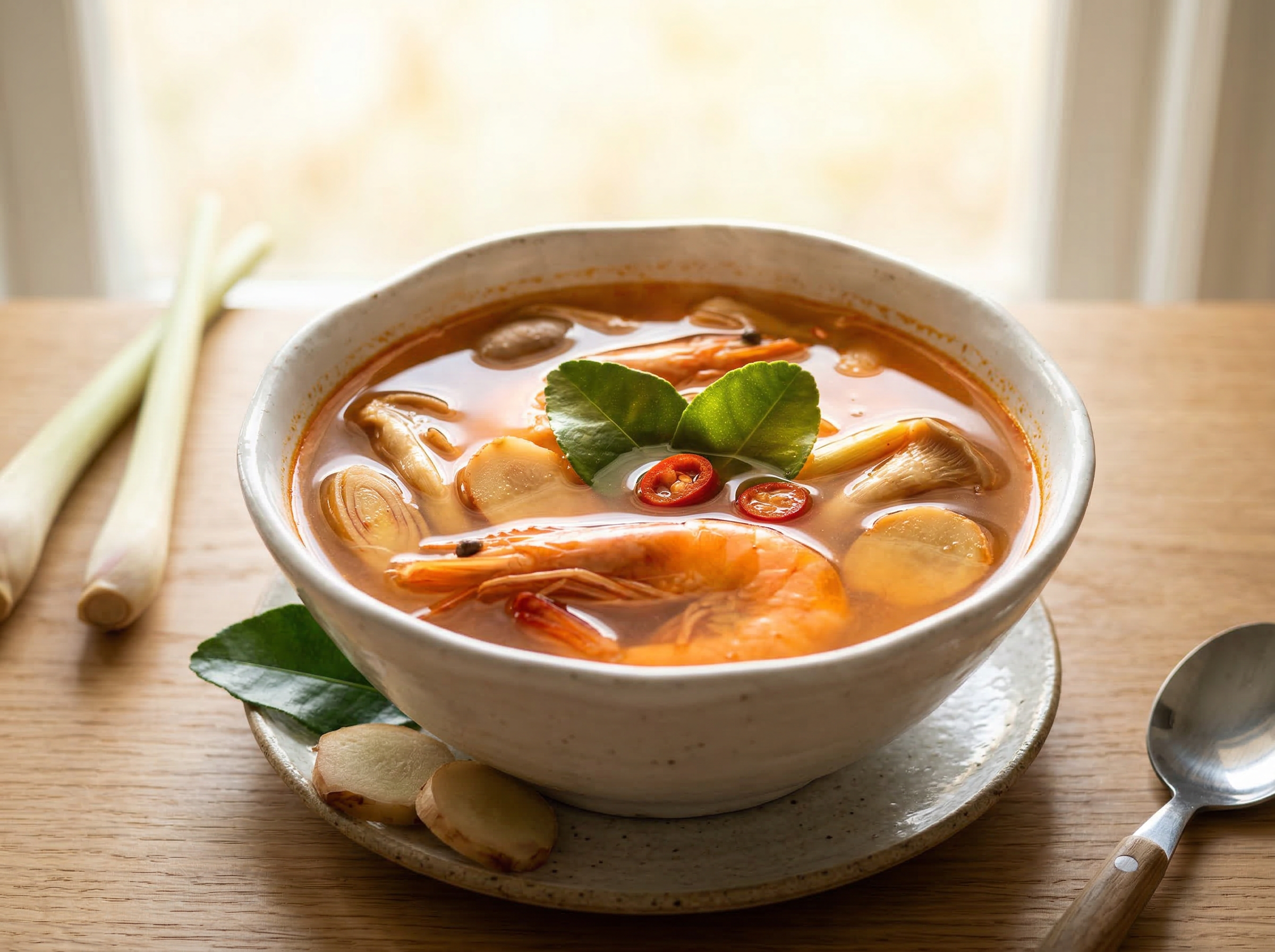 Tom yum soup in a white ceramic bowl at near eye level with 10-degree downward tilt, window light positioned behind the bowl making the orange-red broth glow translucent, shrimp and oyster mushroom silhouettes visible through the glowing liquid