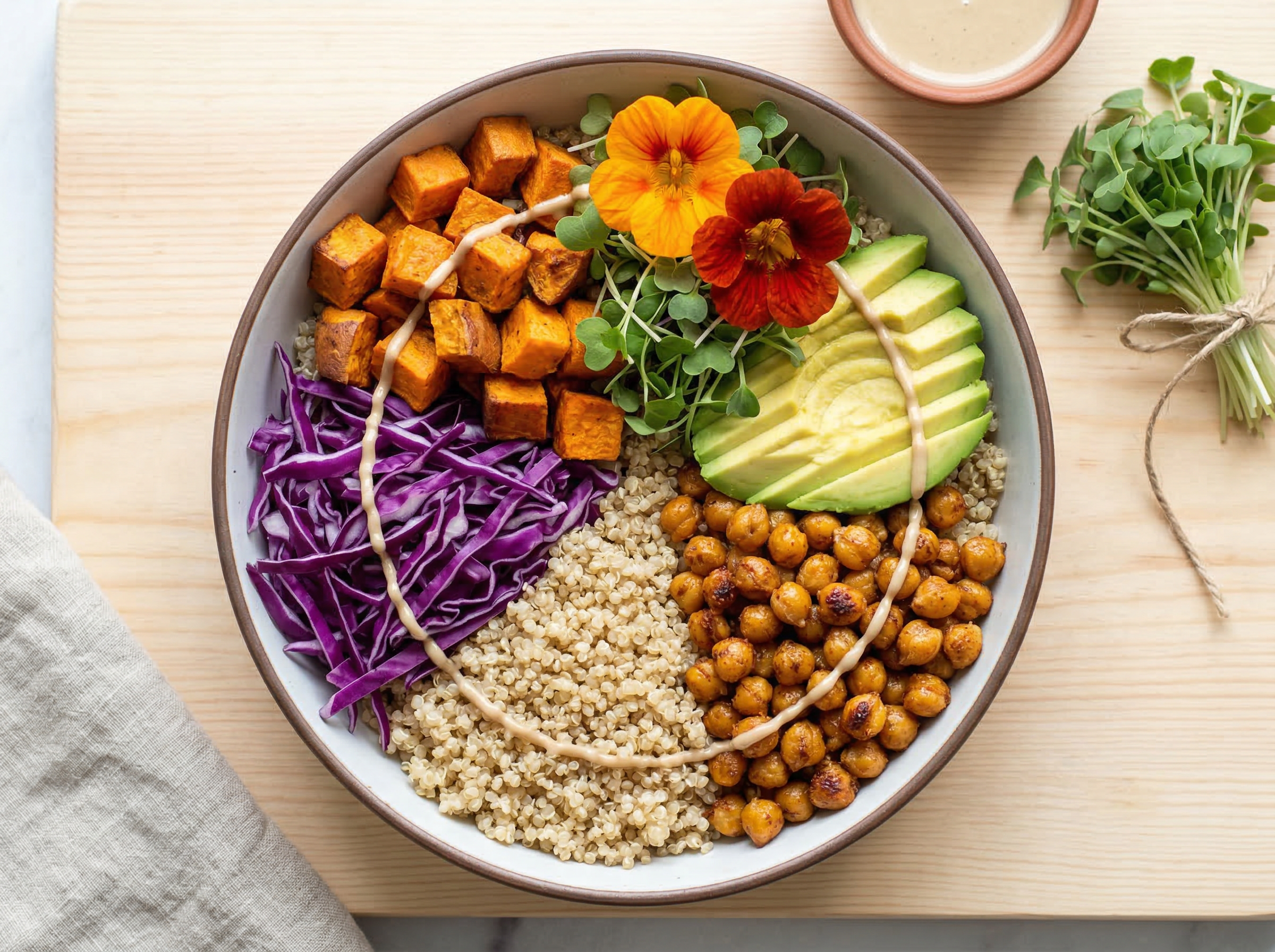 Overhead Buddha bowl with strictly color-blocked zones: roasted sweet potato orange next to purple cabbage, quinoa neutral, roasted chickpeas warm brown, nasturtium edible flower at the center-back peak